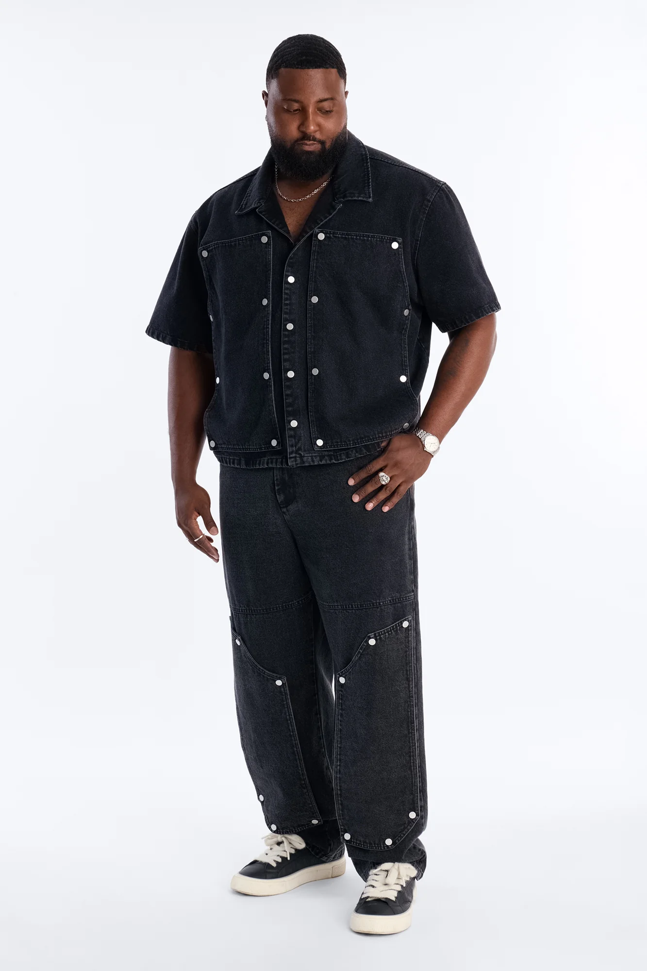 Boxy Utility Snap Panel Button Up Shirt - Black Wash - Image 6