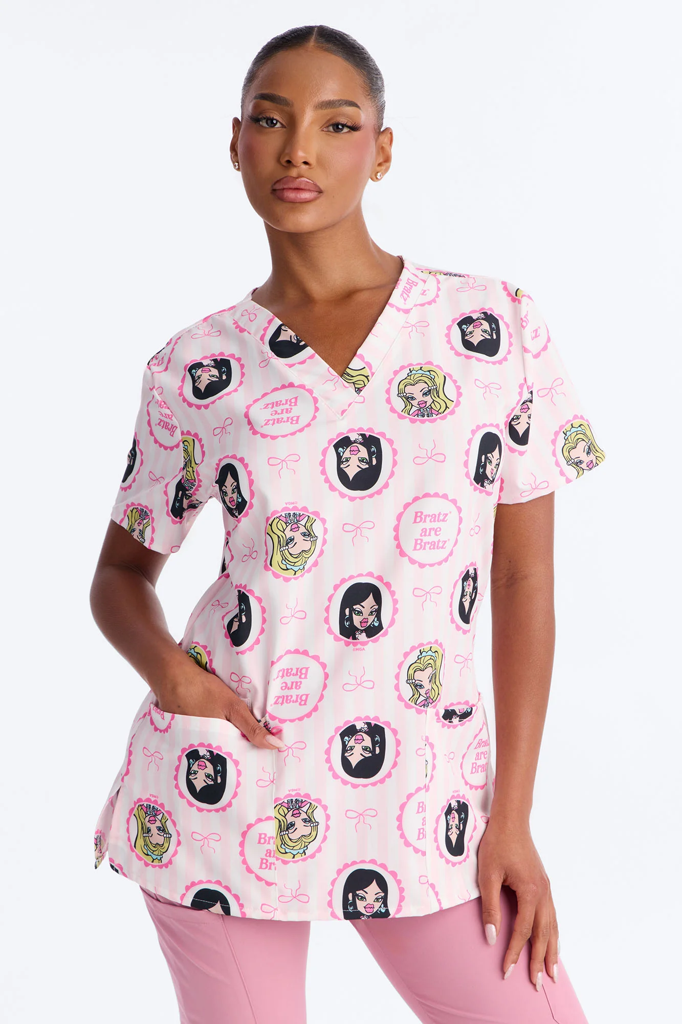 Bratz Are Bratz Striped V-Neck Scrub Top - Pink/combo