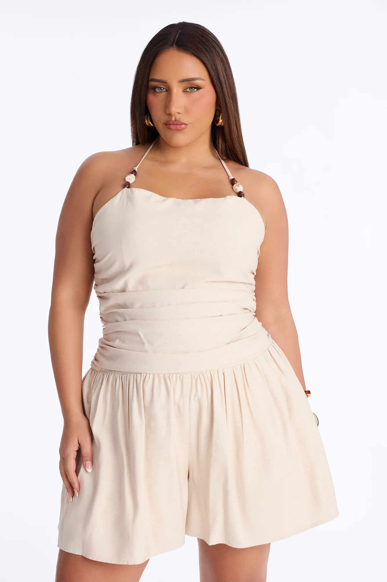 Brea Beaded Linen Romper - Natural - Image 6