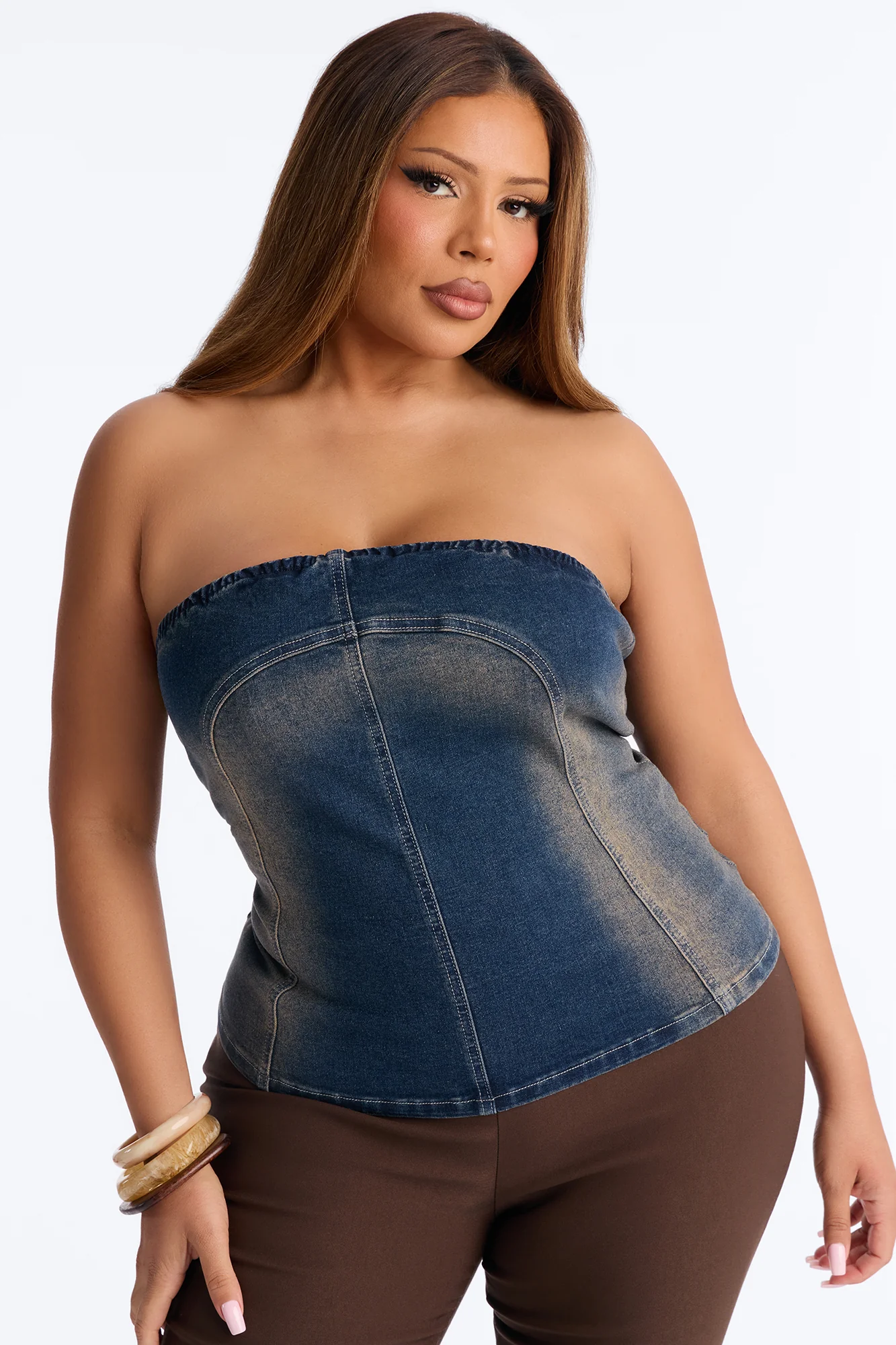 Breaking Rules Back Zip Denim Tube Top - Dark Wash - Image 6