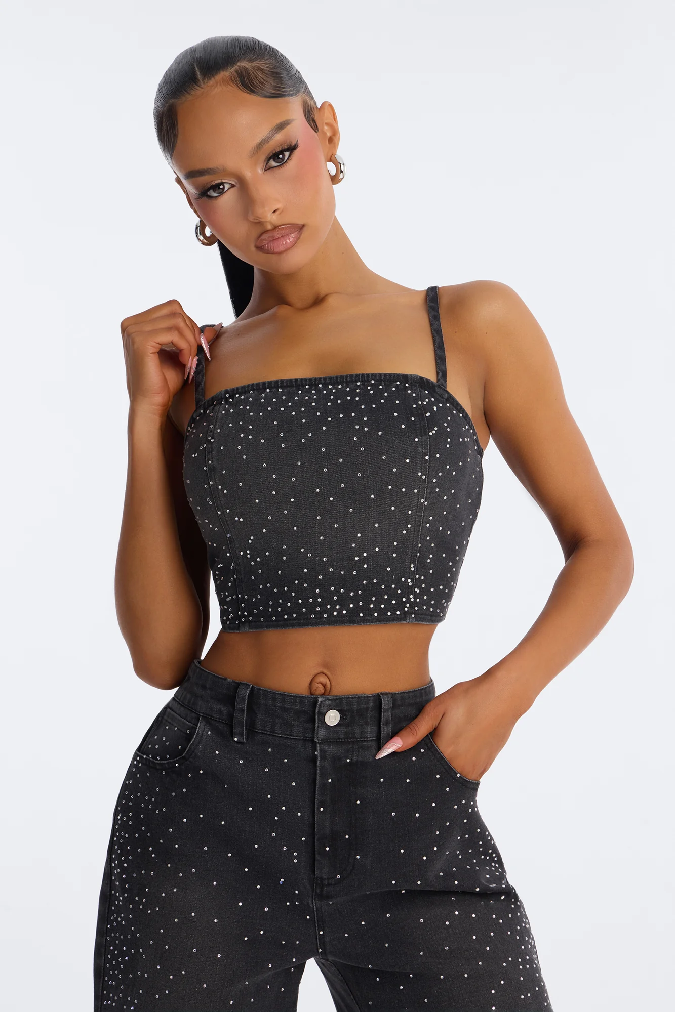 Breanna Rhinestone Denim Short Set - Black Wash - Image 3