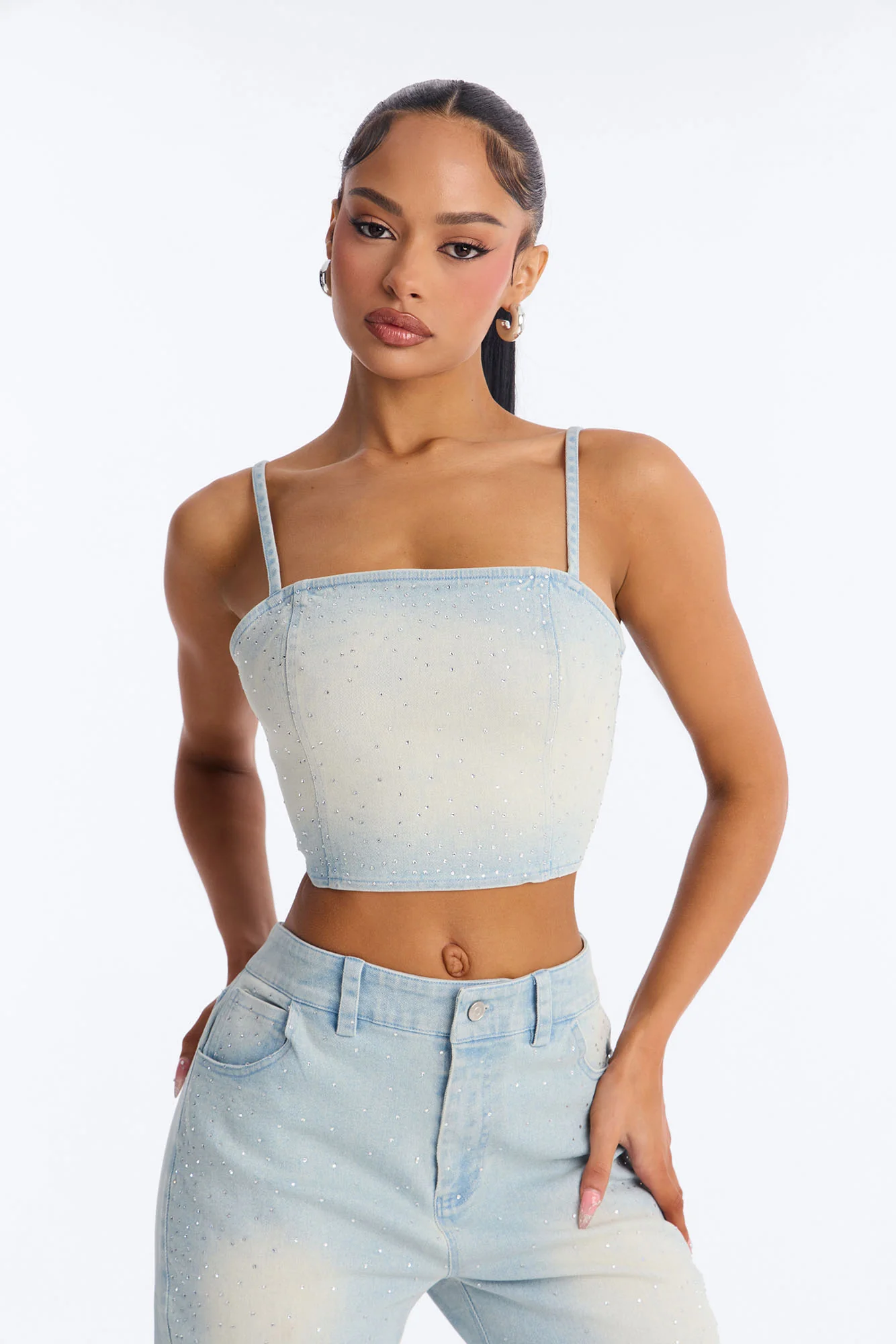 Breanna Rhinestone Denim Short Set - Light Blue Wash - Image 2