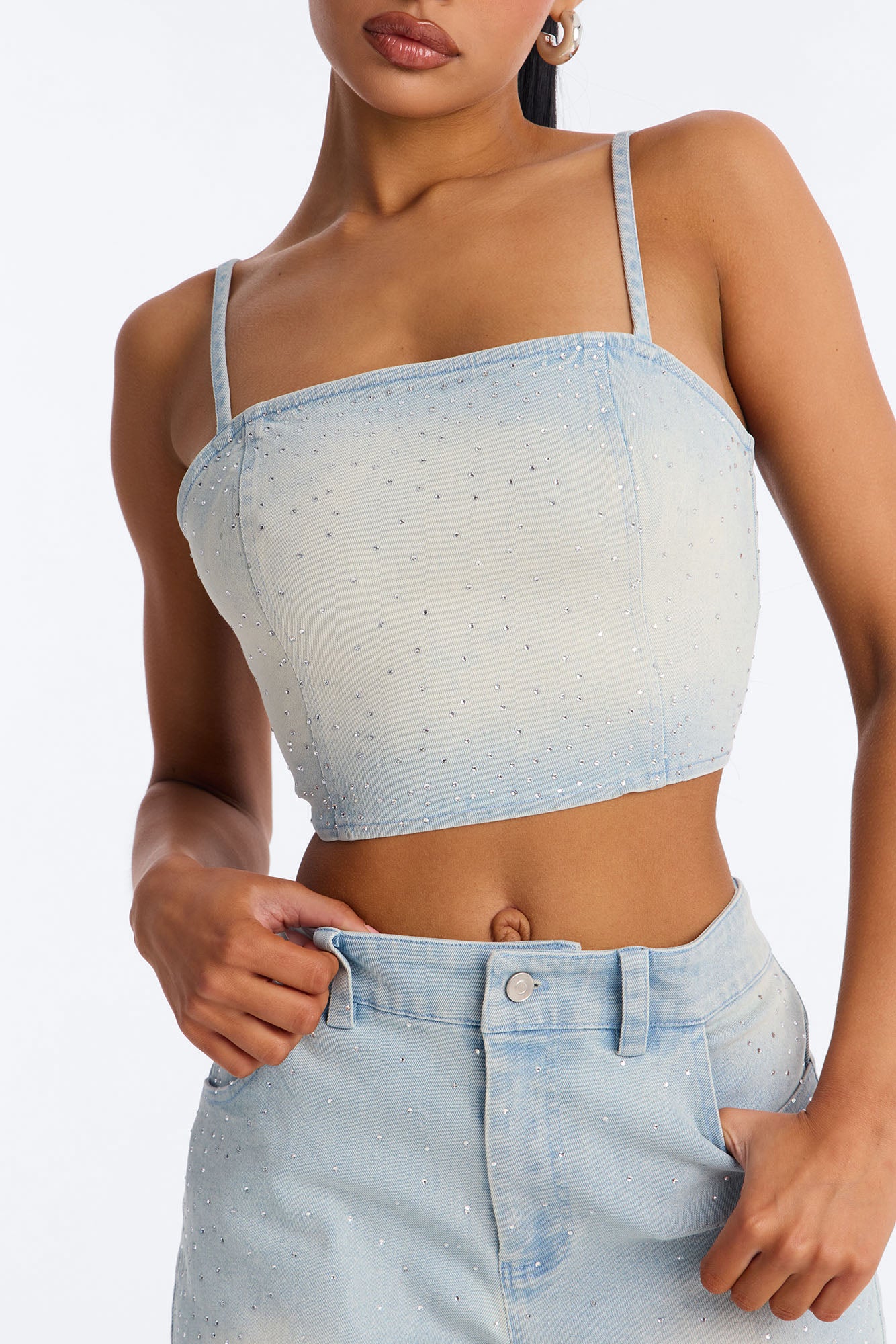 Breanna Rhinestone Denim Short Set - Light Blue Wash - Image 3