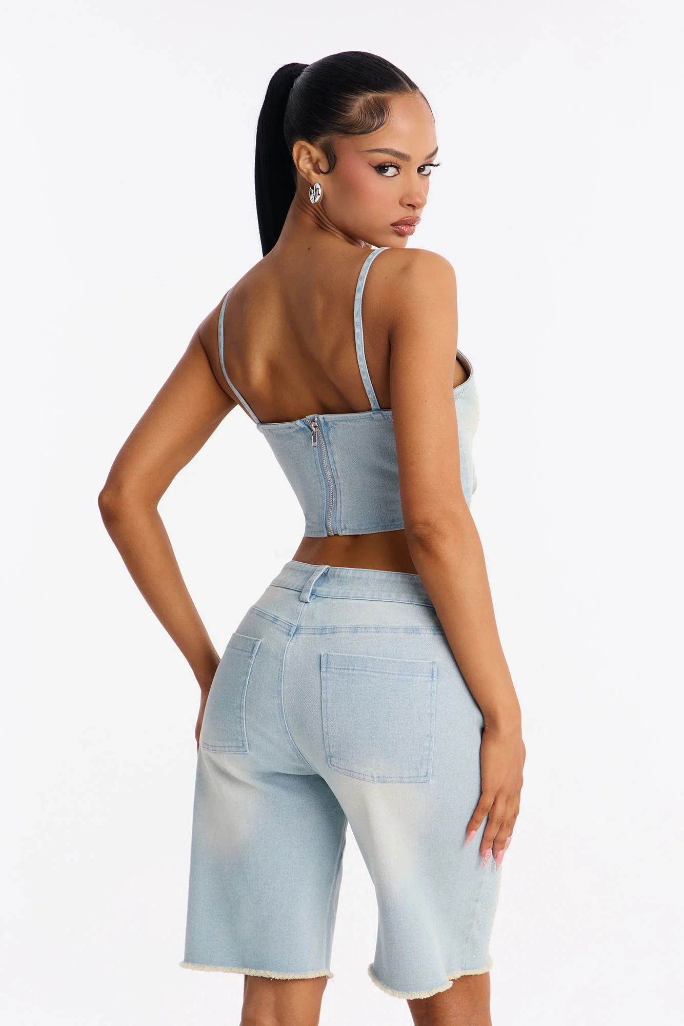 Breanna Rhinestone Denim Short Set - Light Blue Wash - Image 4