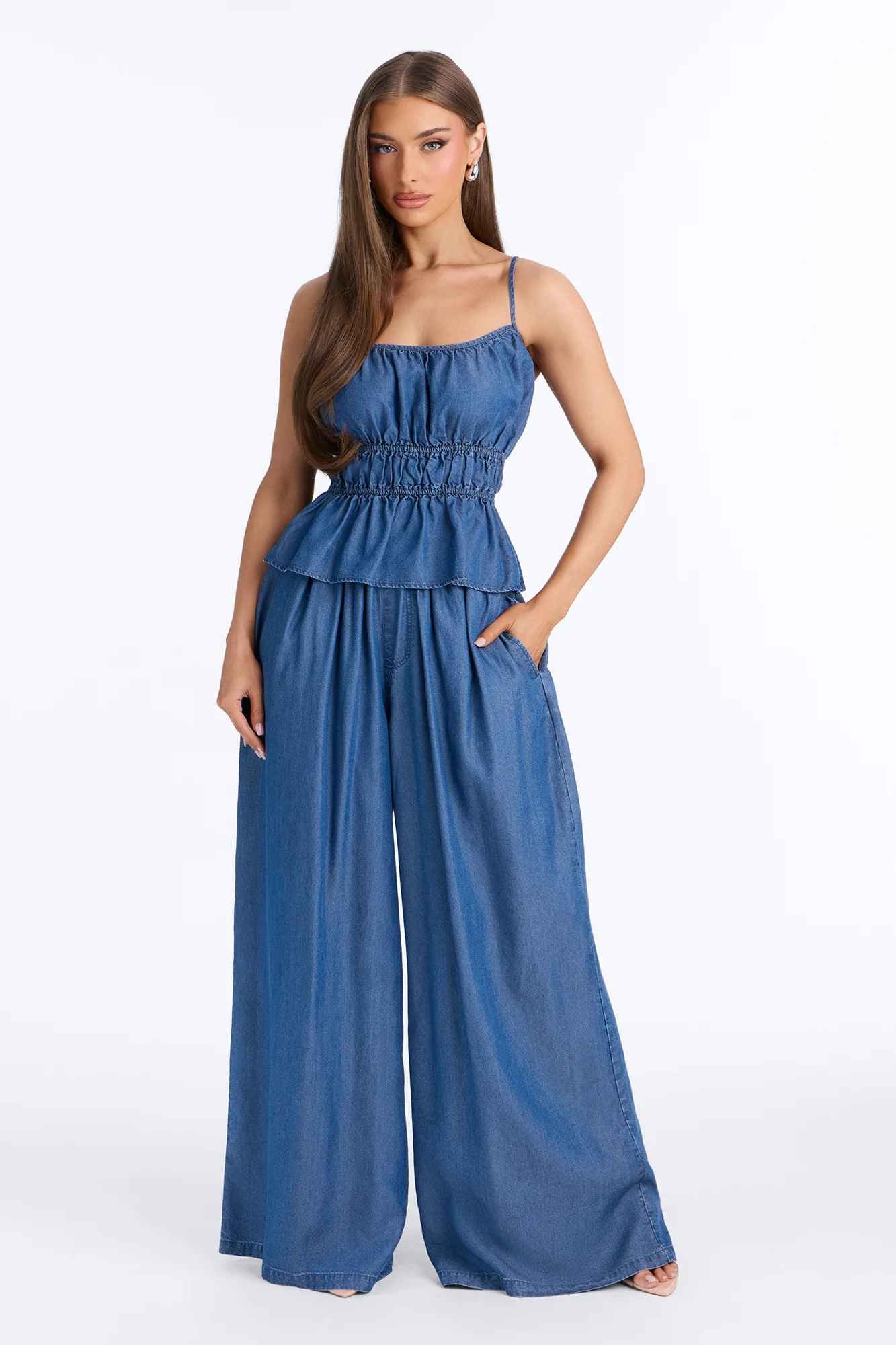 Bree Ruched Chambray Pant Set - Dark Wash