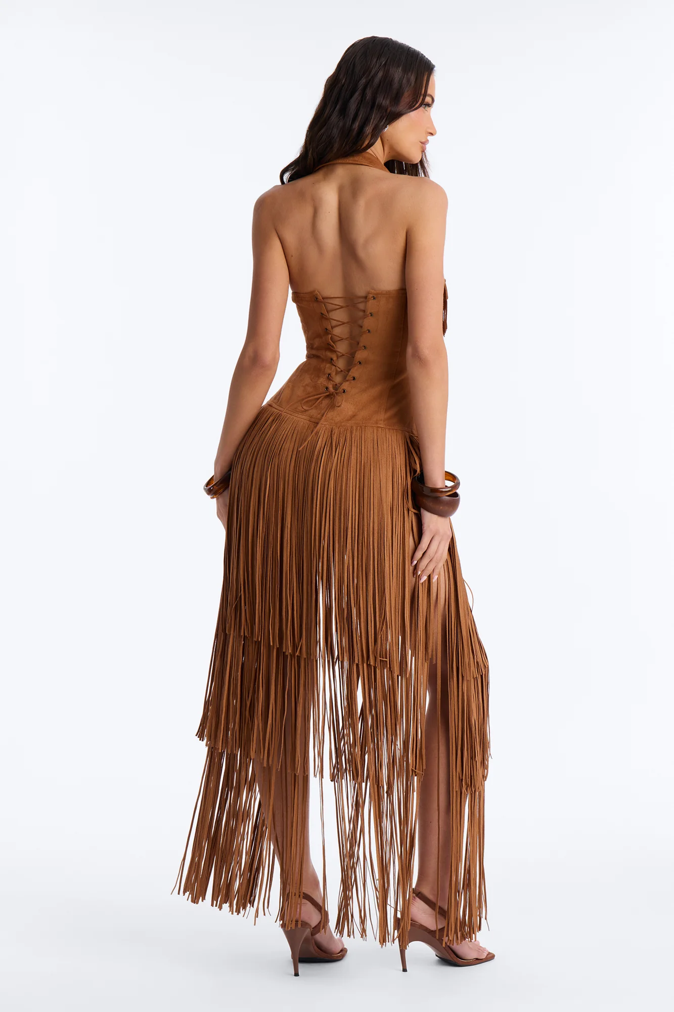 Bri Faux Suede Fringe Micro Romper - Brown - Image 4
