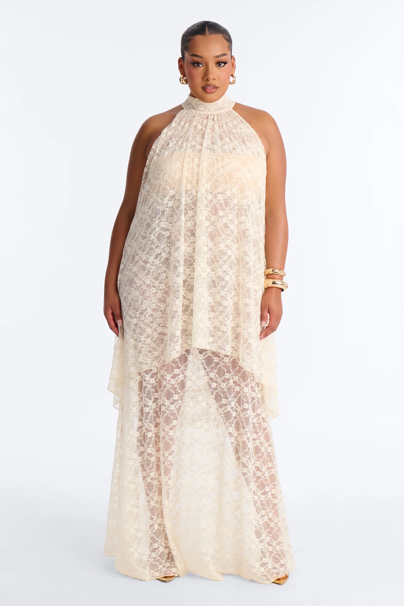 Brianna Flowy Lace Maxi Dress - Cream - Image 5