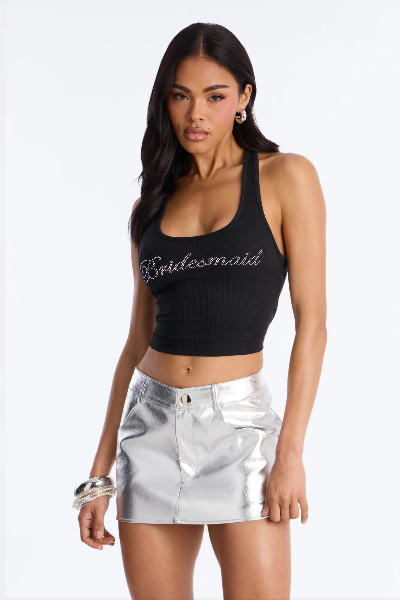 Bridesmaid Rhinestones Ribbed Tank Top - Black