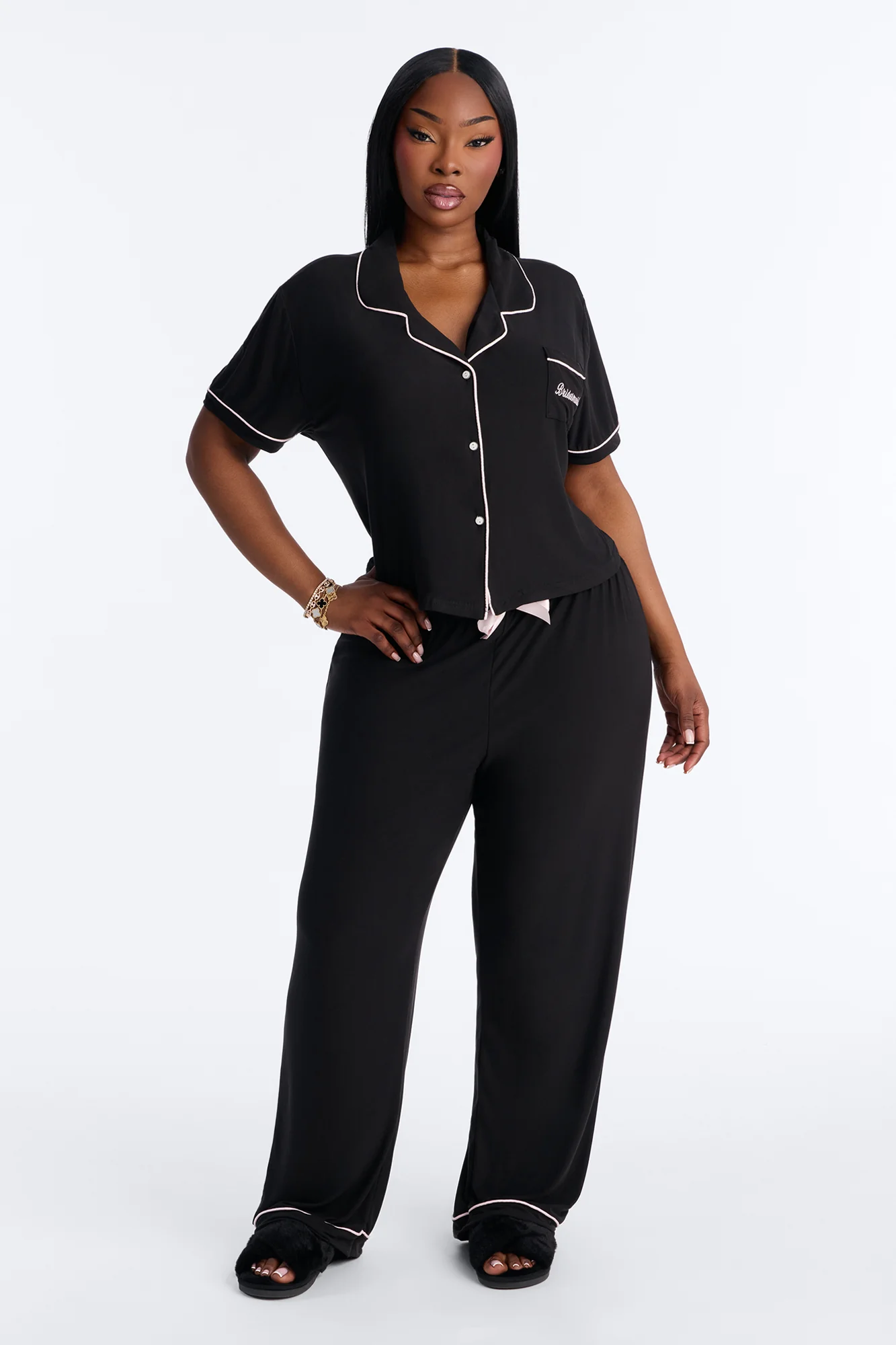 Bridesmaid Time Notch Collar PJ Pant Set - Black/Pink - Image 5