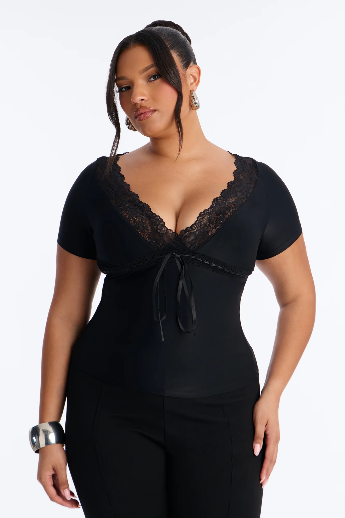 Bridget Lace Trim Short Sleeve Top - Black - Image 5