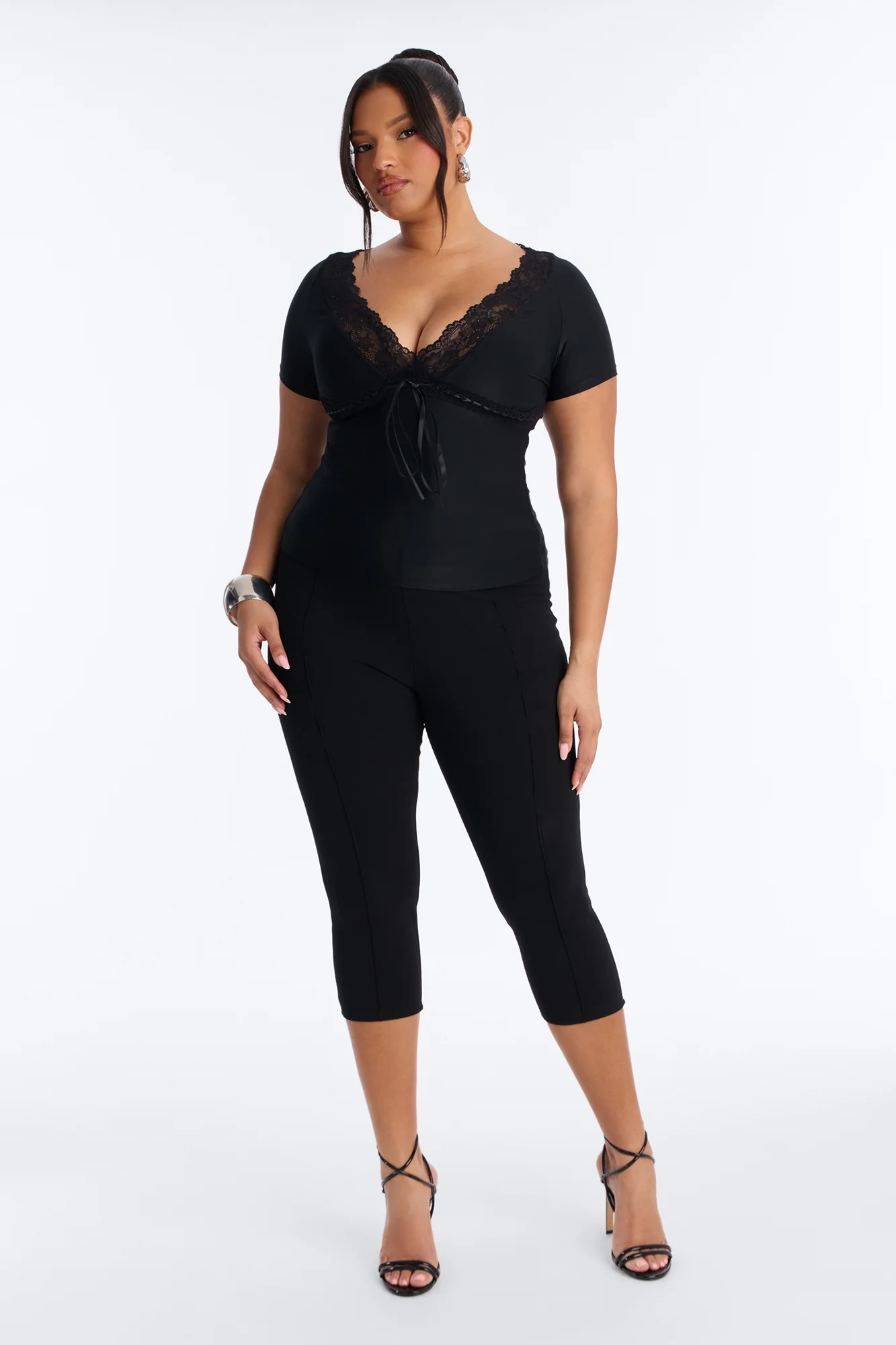 Bridget Lace Trim Short Sleeve Top - Black - Image 6