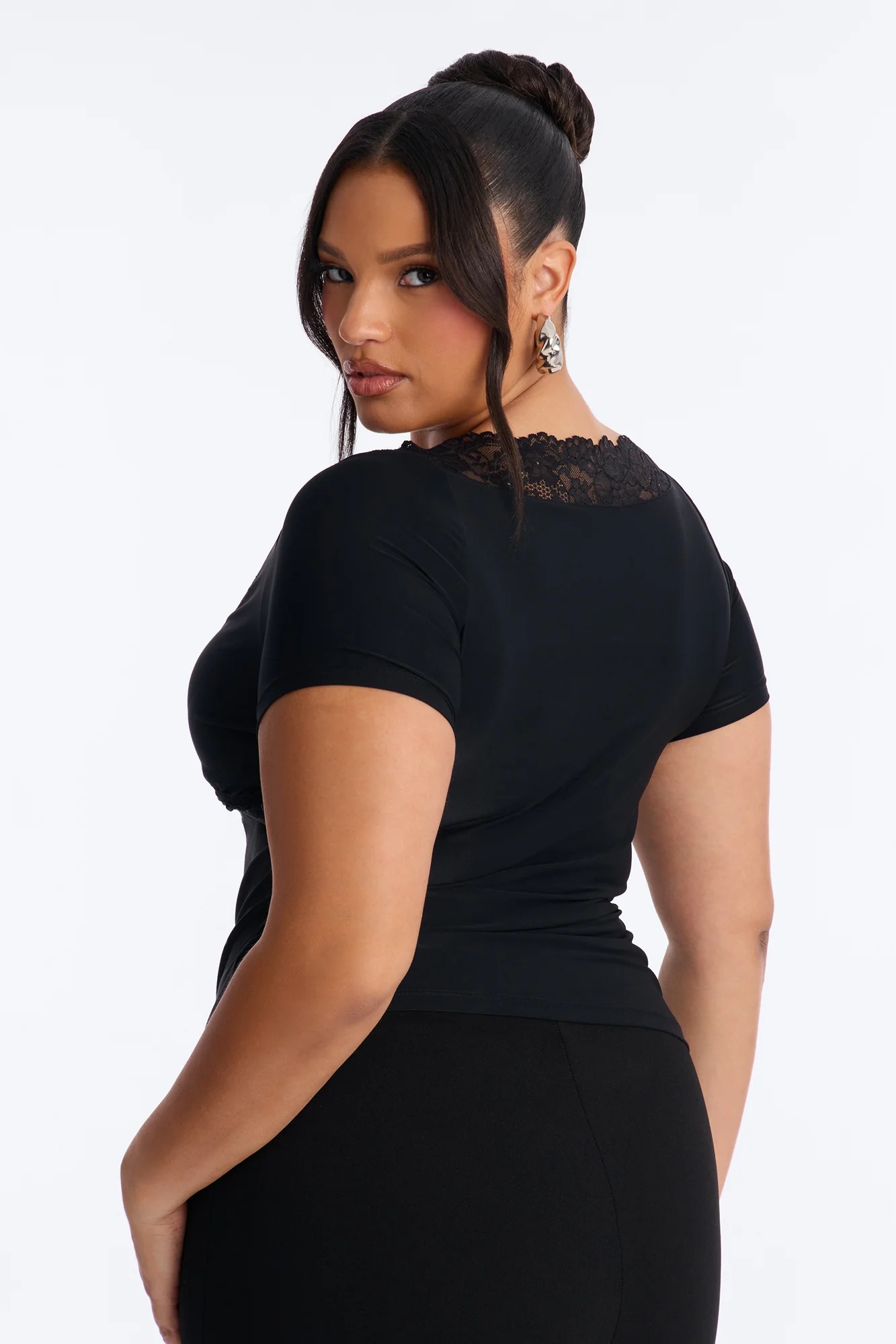 Bridget Lace Trim Short Sleeve Top - Black - Image 7