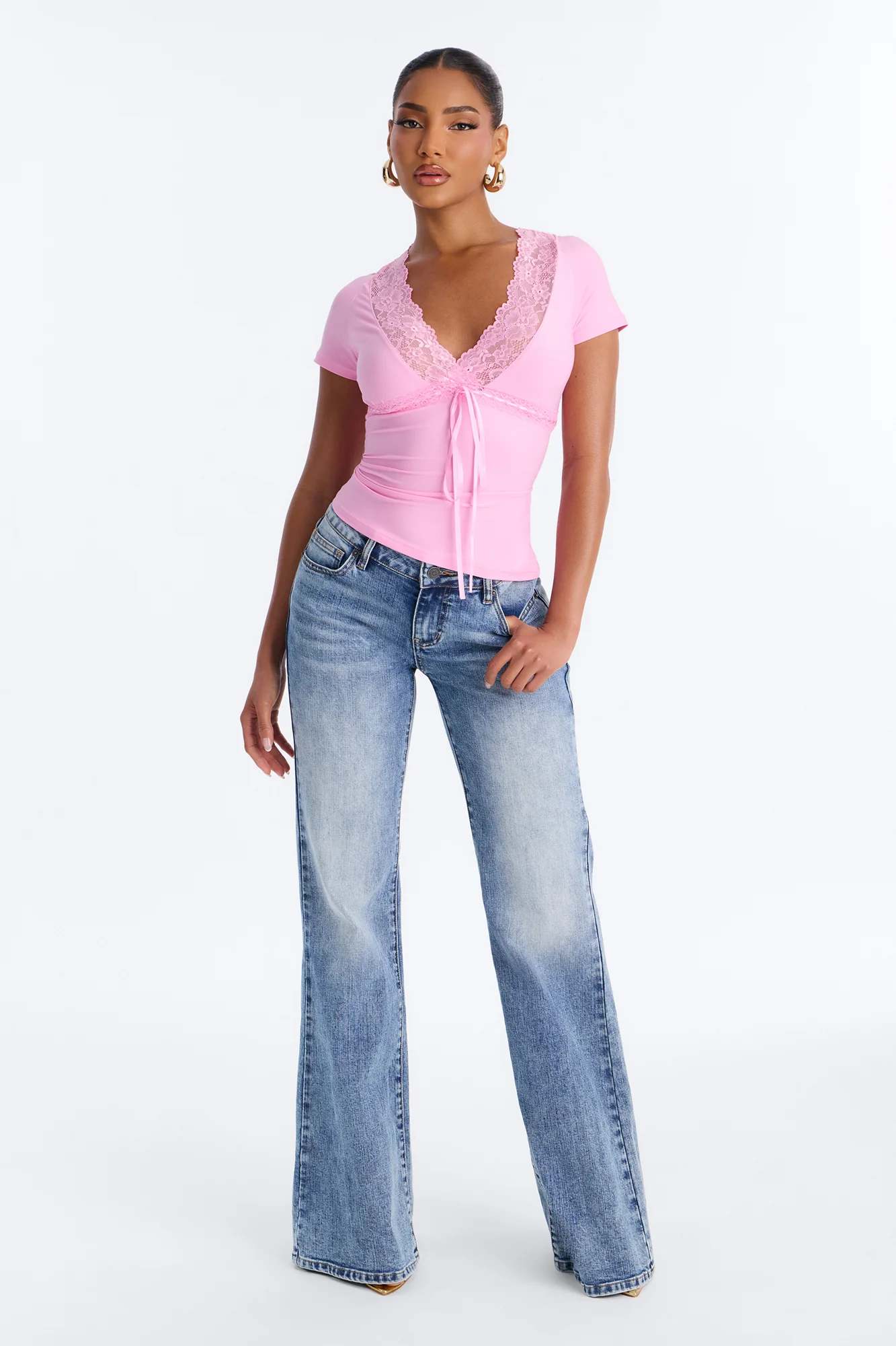 Bridget Lace Trim Short Sleeve Top - Pink - Image 2