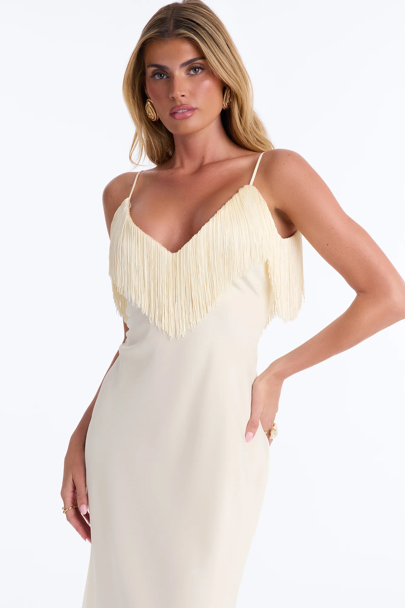 Brielle Satin Fringe Maxi Dress - Ivory - Image 2