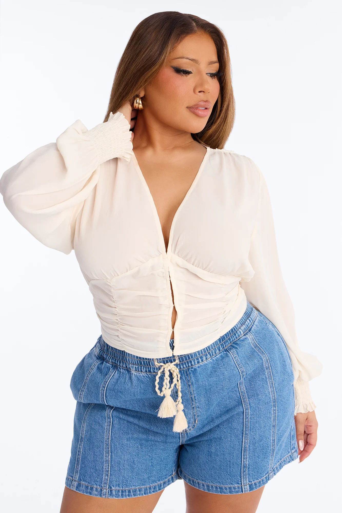 Bring The Flowers Ruched Chiffon Top - Cream - Image 5