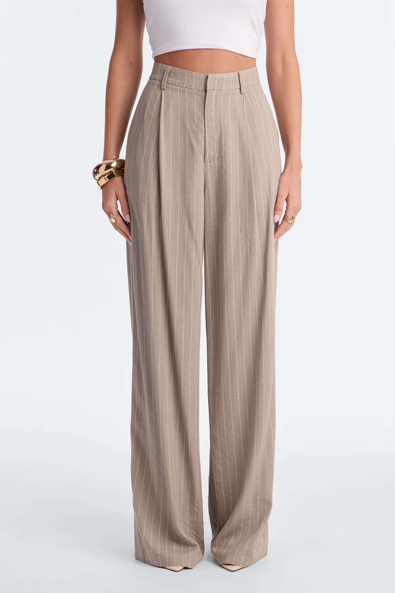 Brittany High Waisted Pleated Wide Leg Trouser - Stone - Image 2