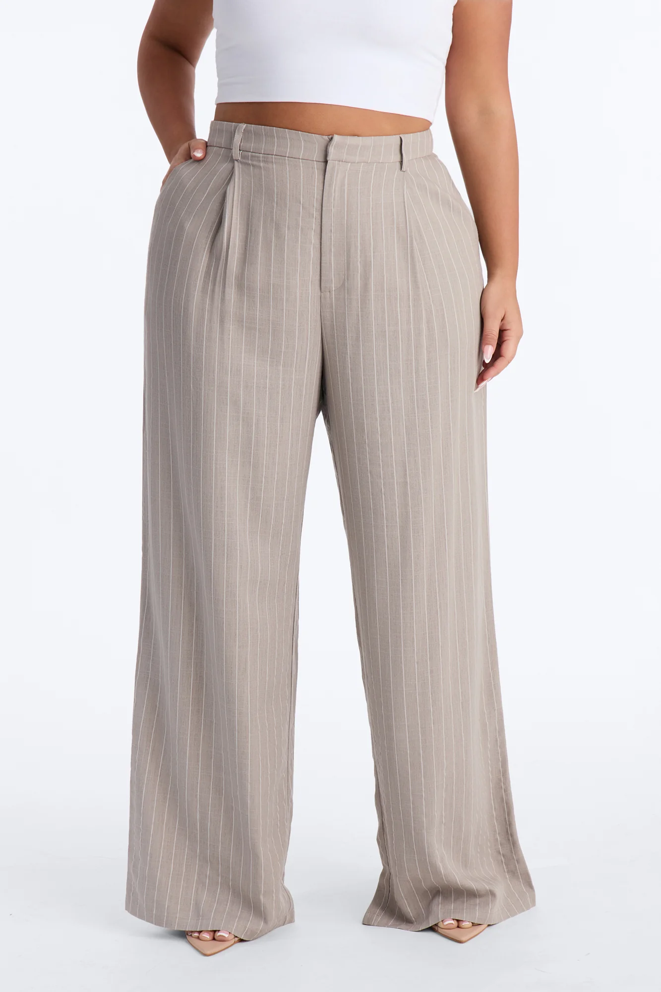 Brittany High Waisted Pleated Wide Leg Trouser - Stone - Image 6