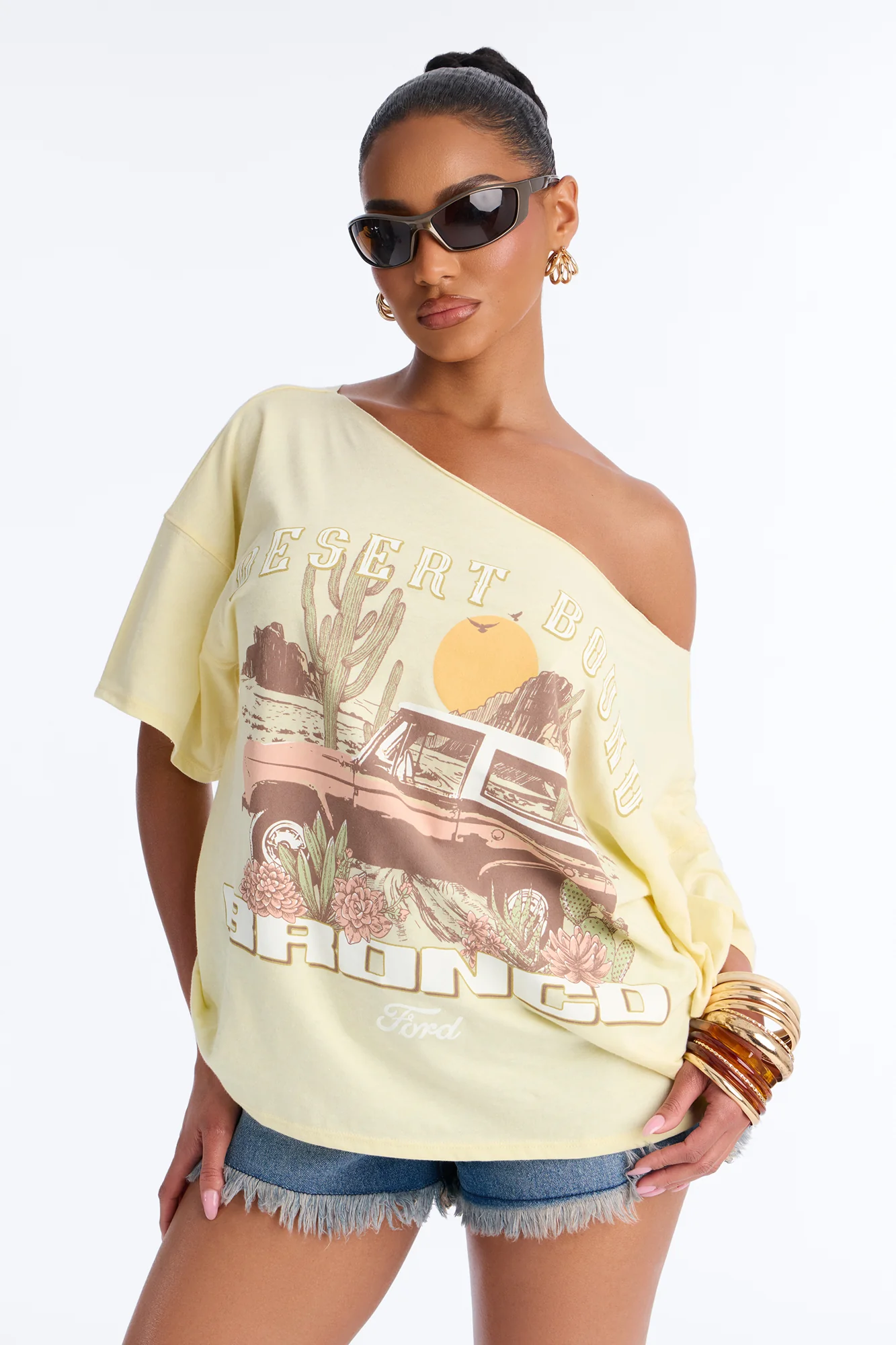 Bronco Off Shoulder Cropped Tee - Butter Yellow