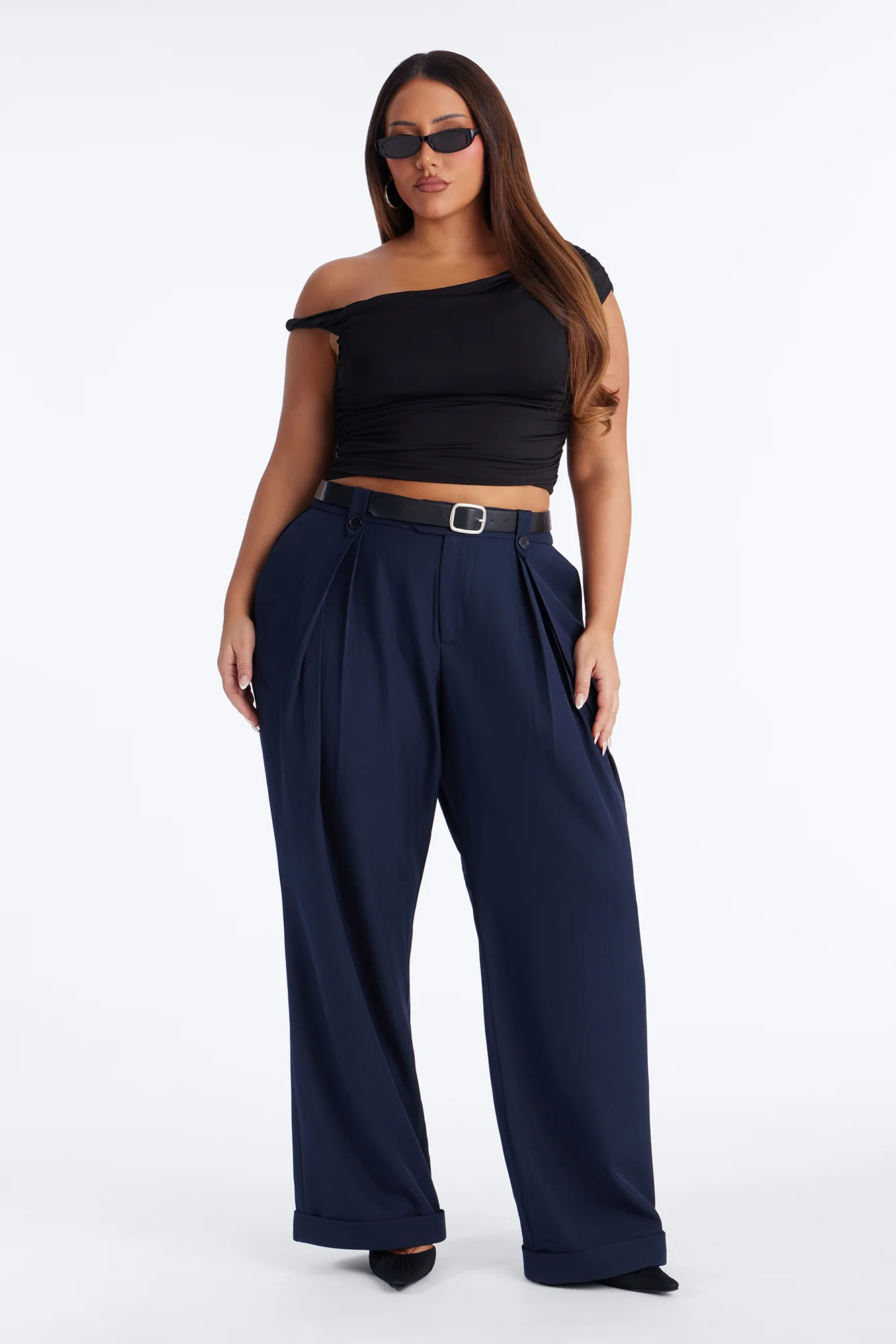 Brooklyn Mid Rise Belted Wide Leg Trouser Pant 33″ - Navy - Image 5