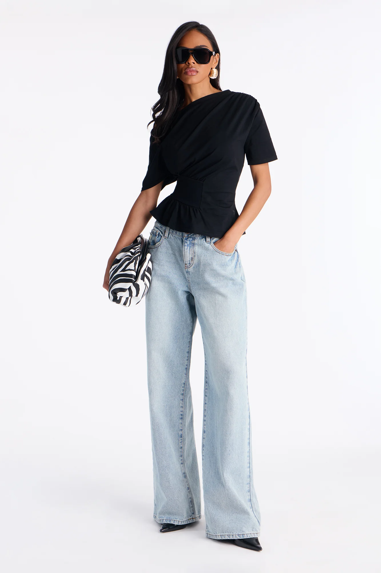 Brooklyn Ruched Off Shoulder Short Sleeve T-Shirt - Black - Image 2