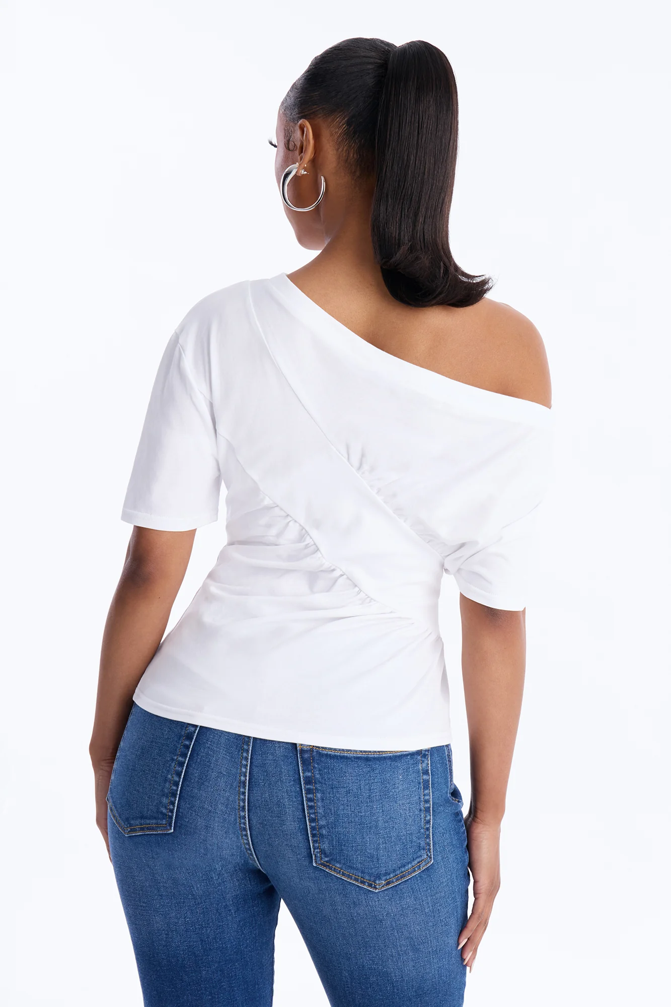 Brooklyn Ruched Off Shoulder Short Sleeve T-Shirt - White - Image 4