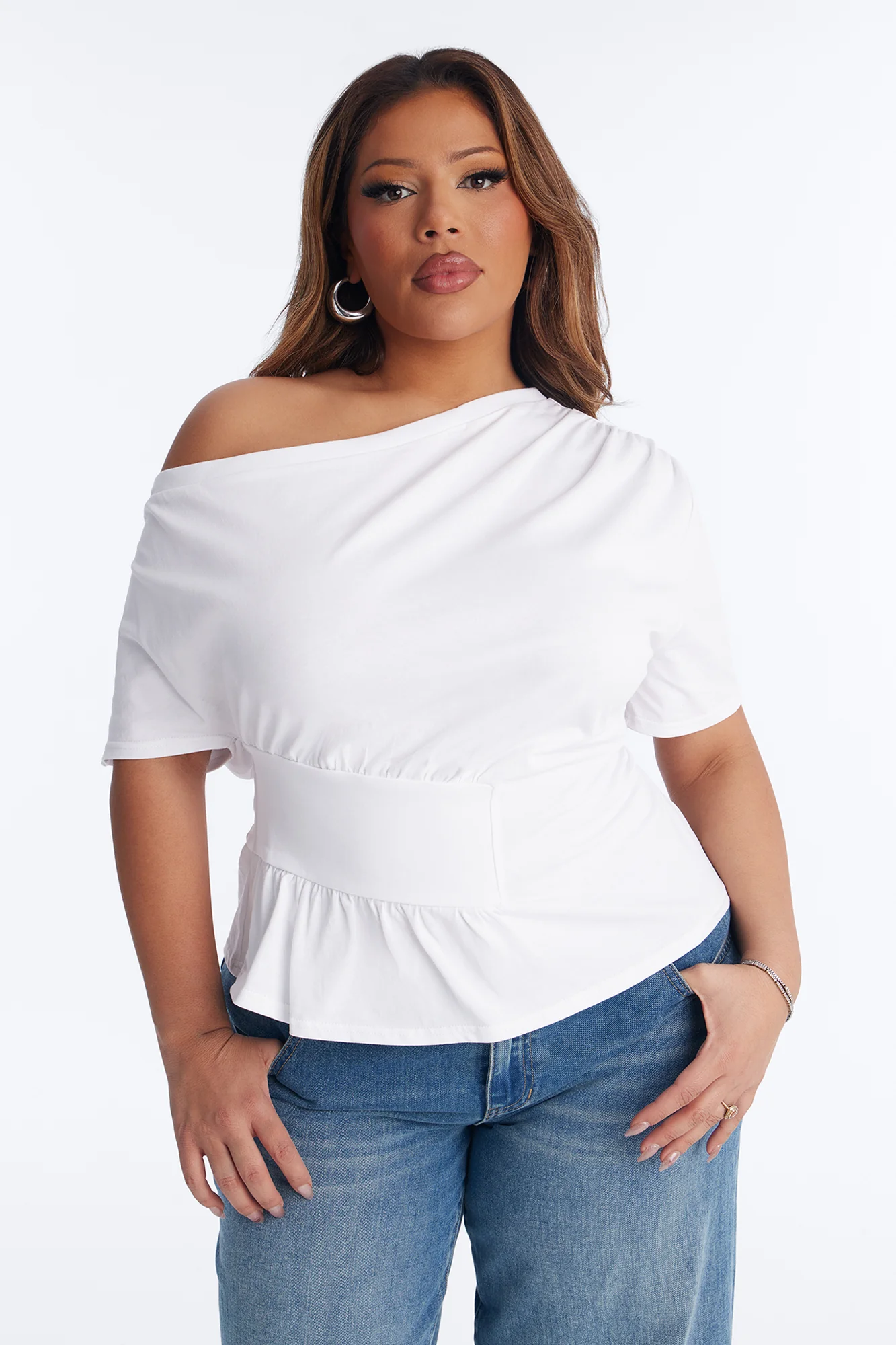 Brooklyn Ruched Off Shoulder Short Sleeve T-Shirt - White - Image 5