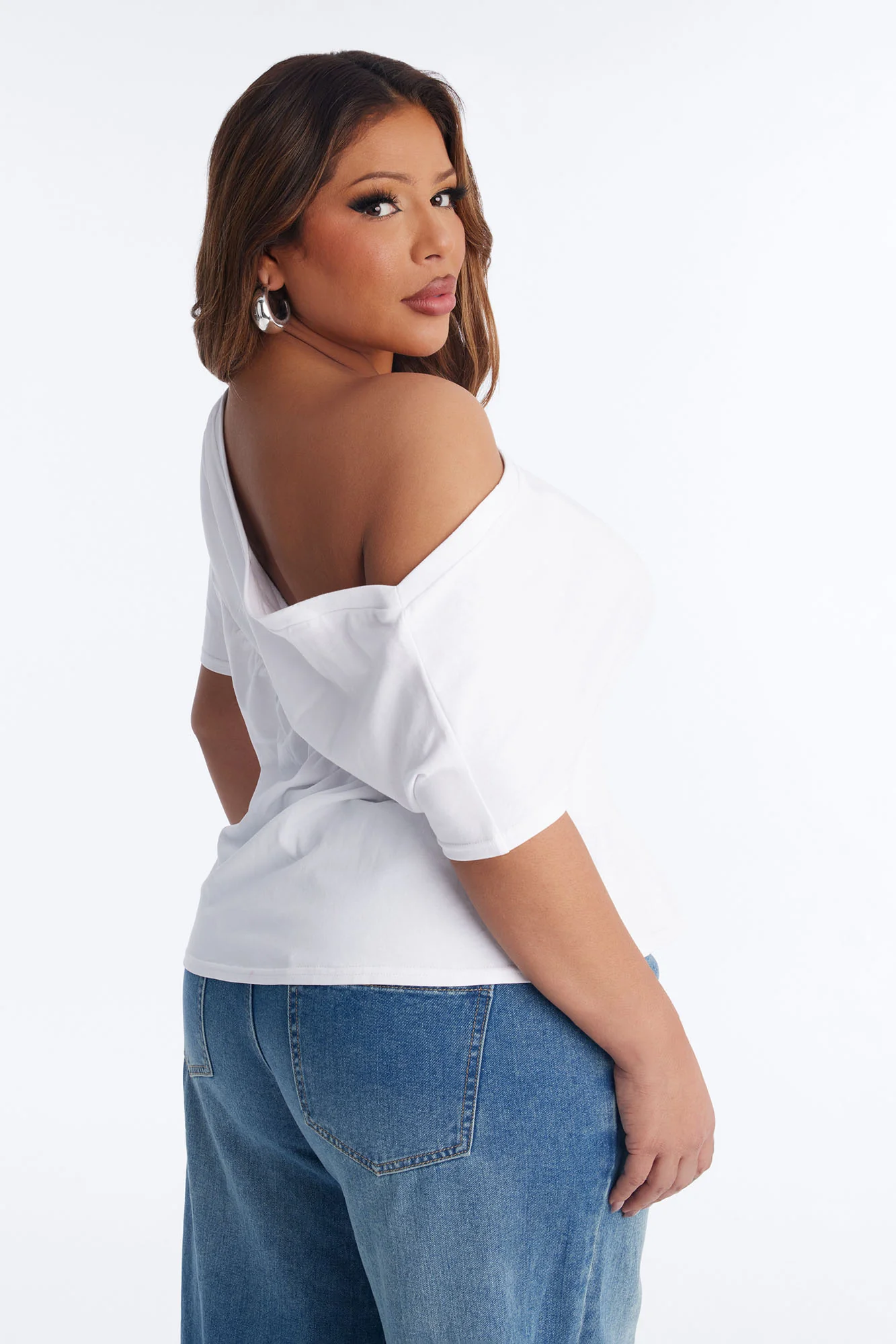 Brooklyn Ruched Off Shoulder Short Sleeve T-Shirt - White - Image 8