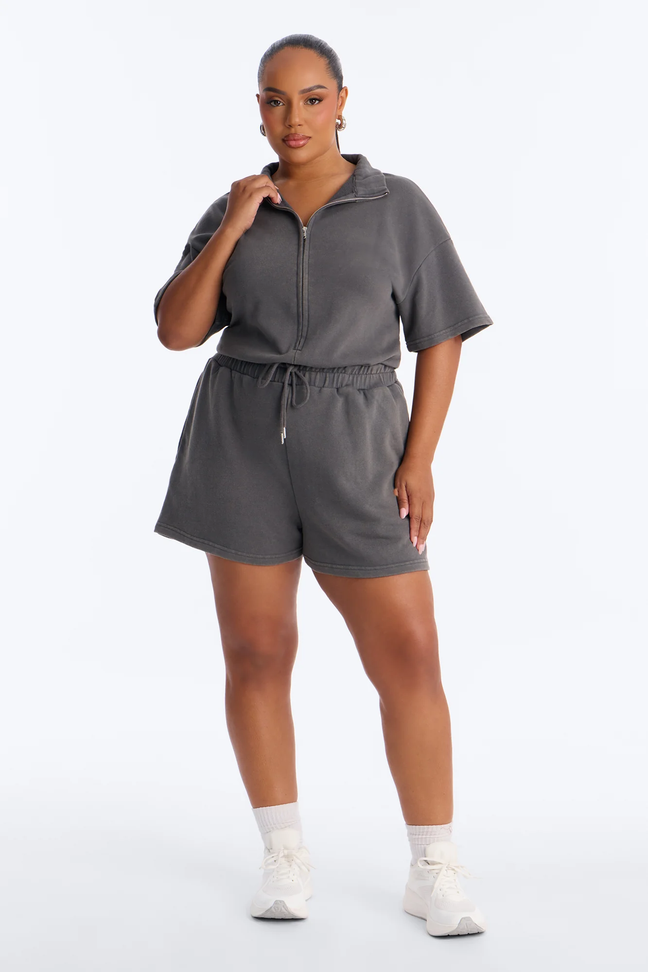 Busy Schedule Washed French Terry Romper - Charcoal - Image 5