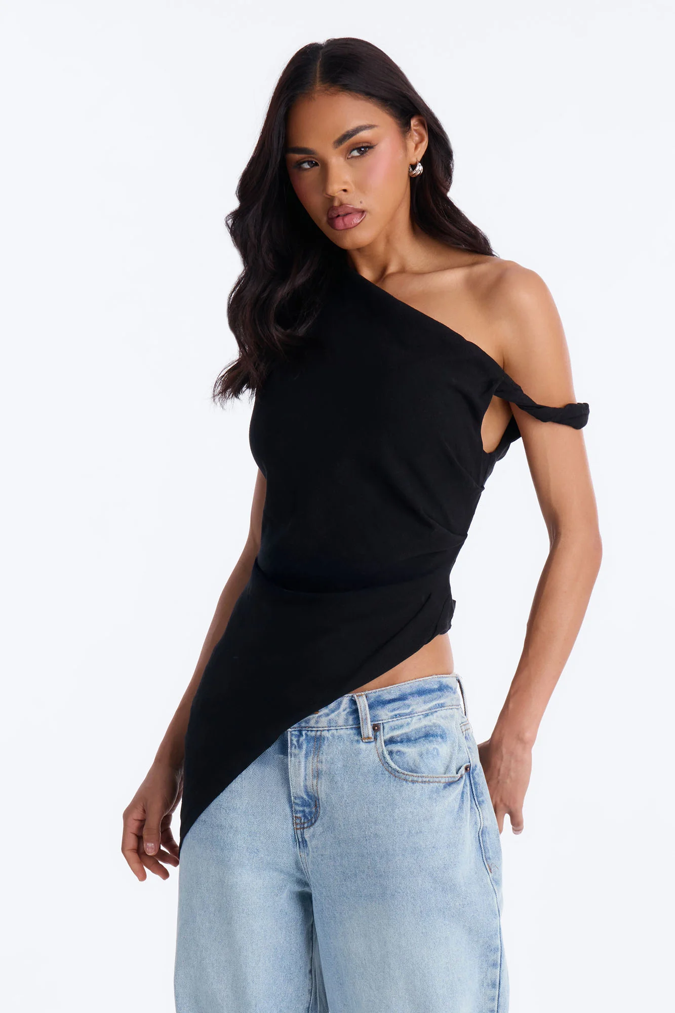 Butter And Baguettes Only One Shoulder Linen Top - Black