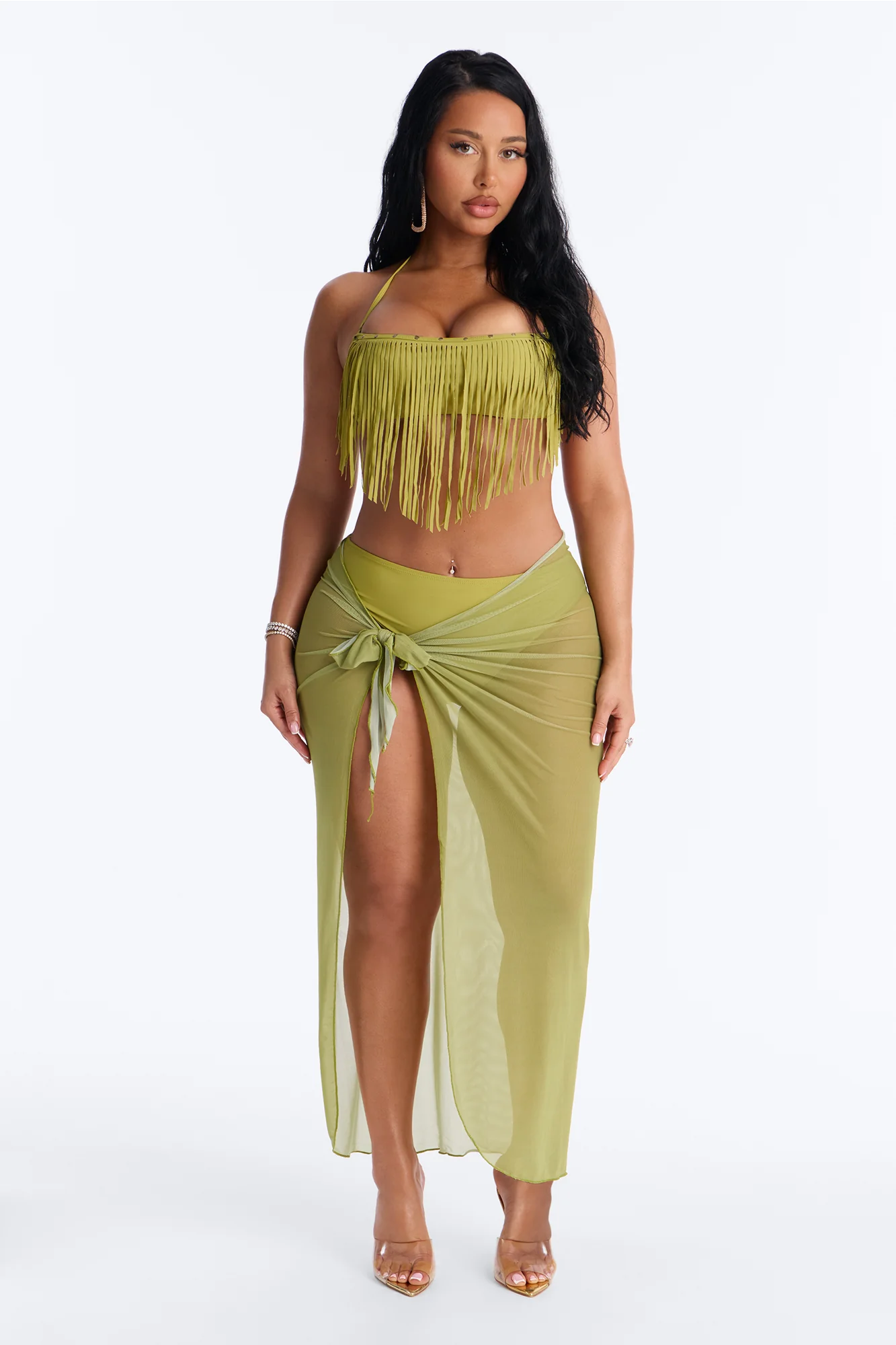 Cabana Cooldown 3 Piece Fringe Bikini Set - Olive