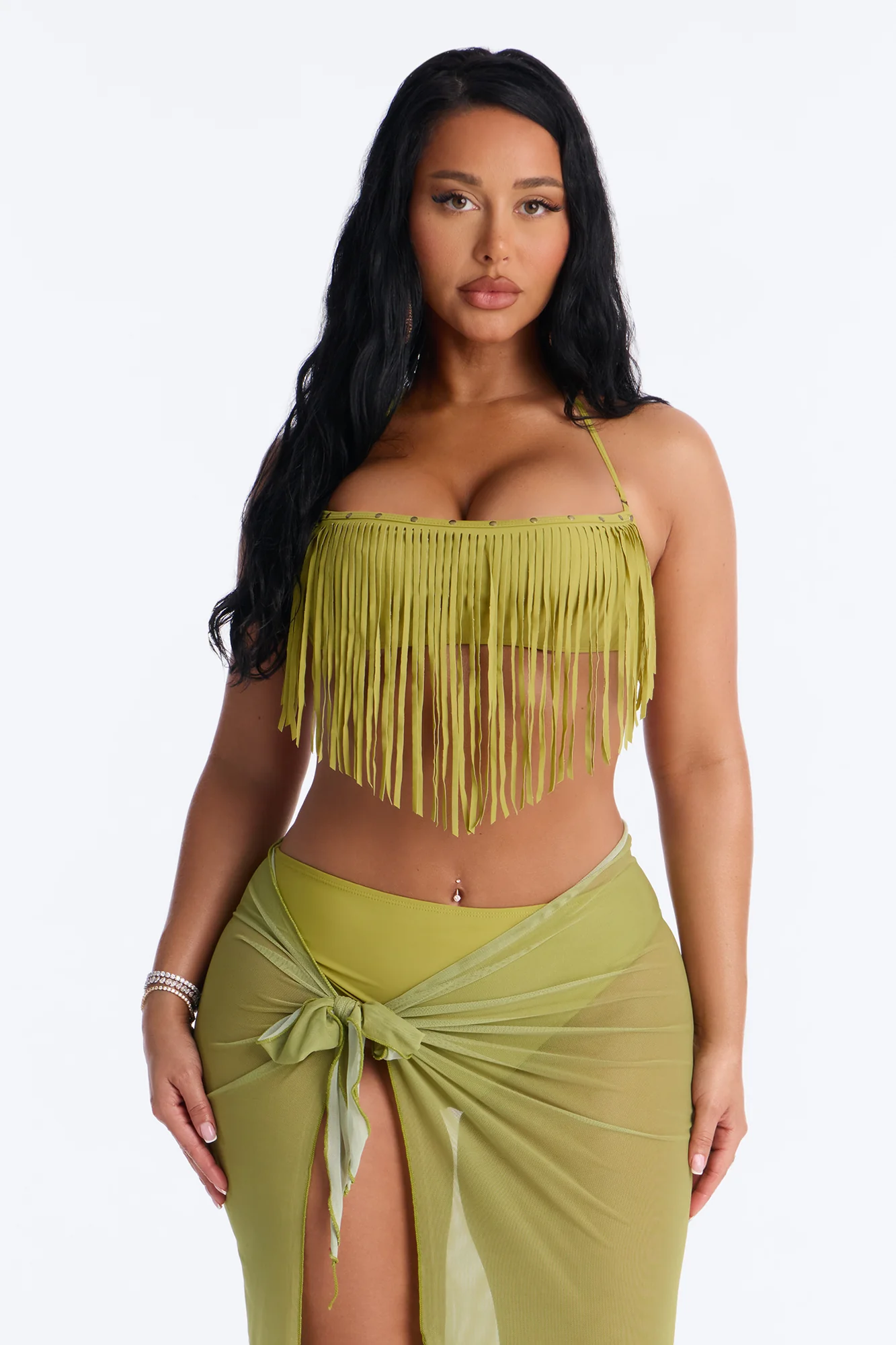 Cabana Cooldown 3 Piece Fringe Bikini Set - Olive - Image 2