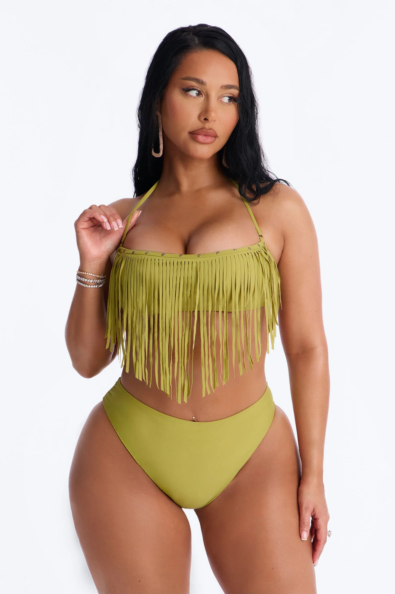 Cabana Cooldown 3 Piece Fringe Bikini Set - Olive - Image 5