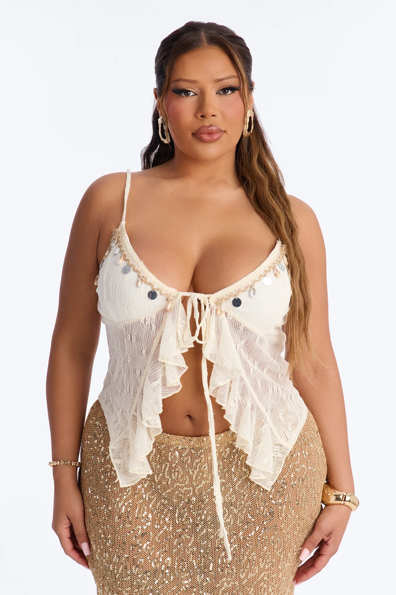 Cabo Breeze Textured Embellished Flyaway Top - Ivory - Image 4