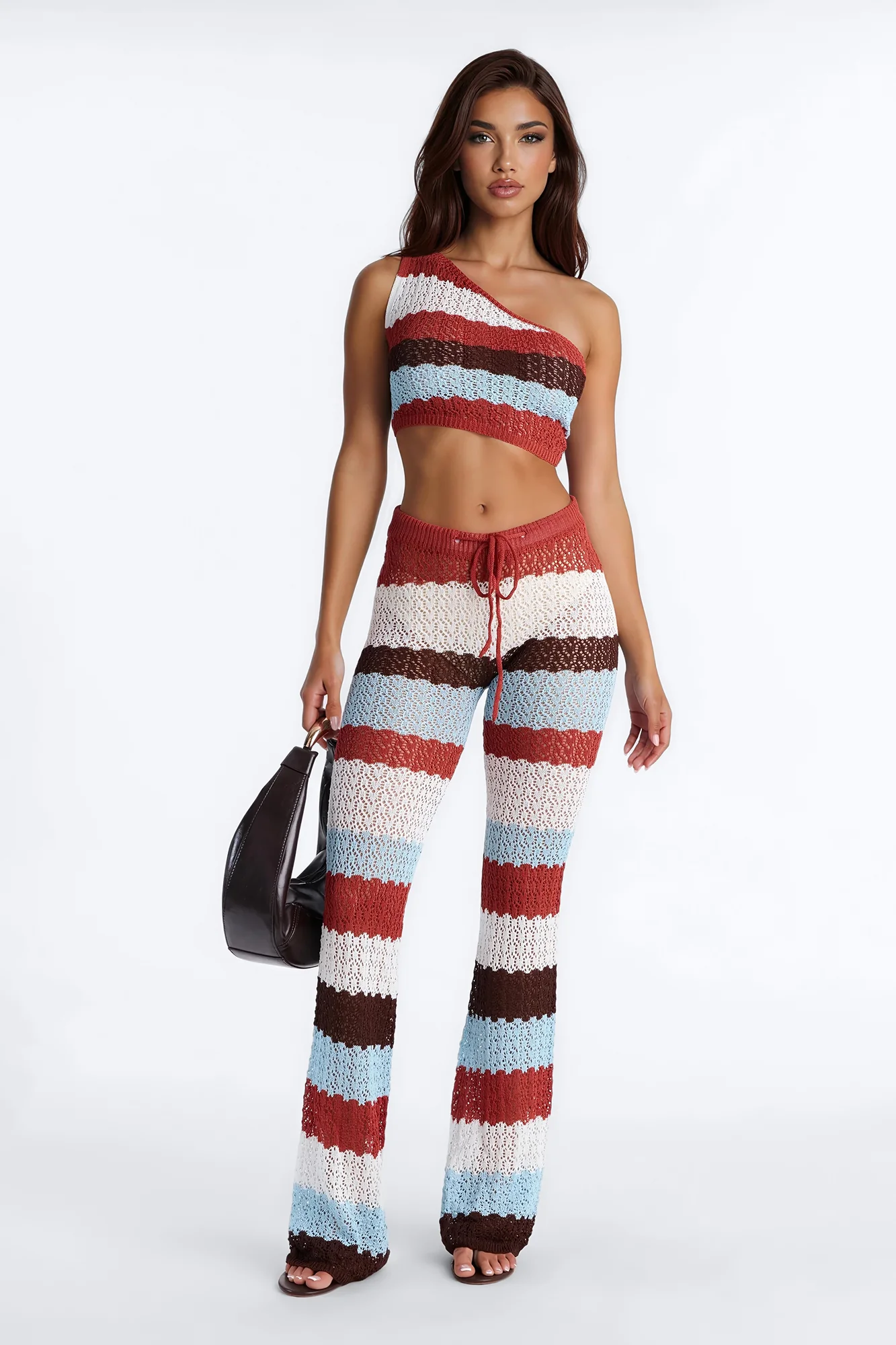 Cabo Striped One Shoulder Crochet Pant Set - White/combo
