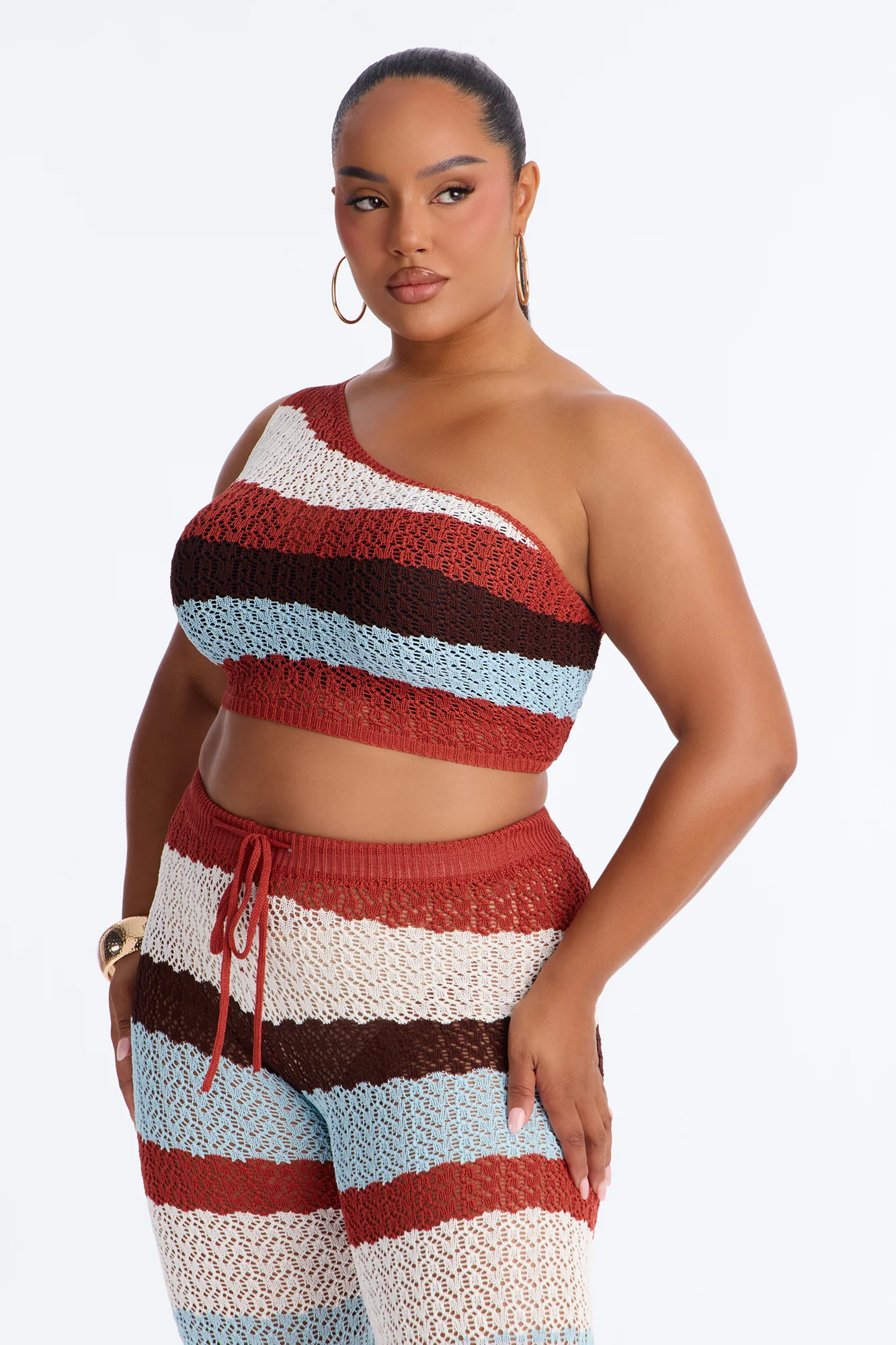 Cabo Striped One Shoulder Crochet Pant Set - White/combo - Image 6