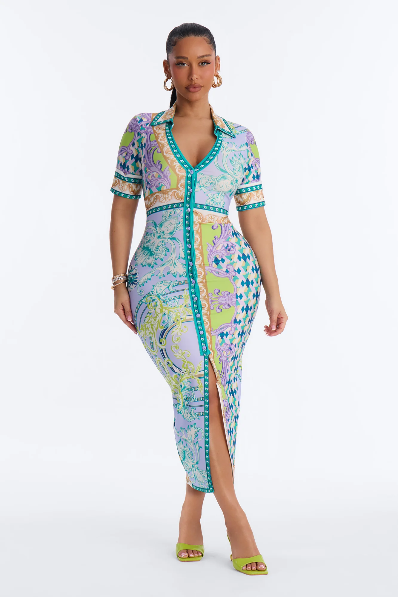 Caitlin Button Up Printed Midi Dress - Green/combo