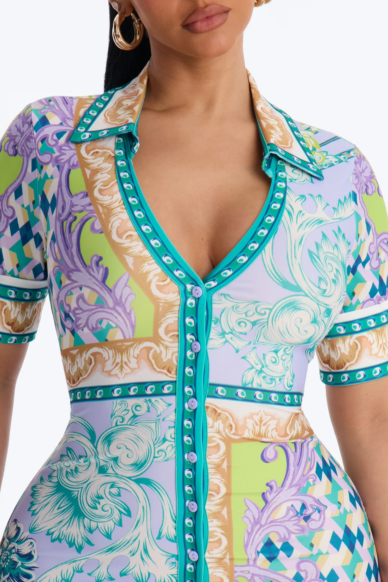 Caitlin Button Up Printed Midi Dress - Green/combo - Image 3