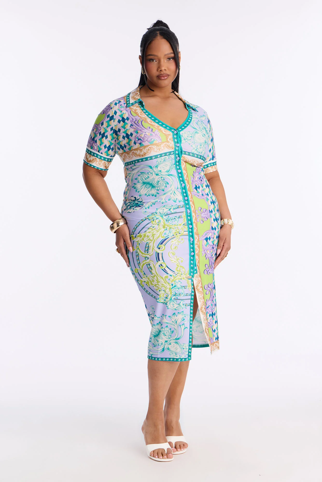 Caitlin Button Up Printed Midi Dress - Green/combo - Image 5