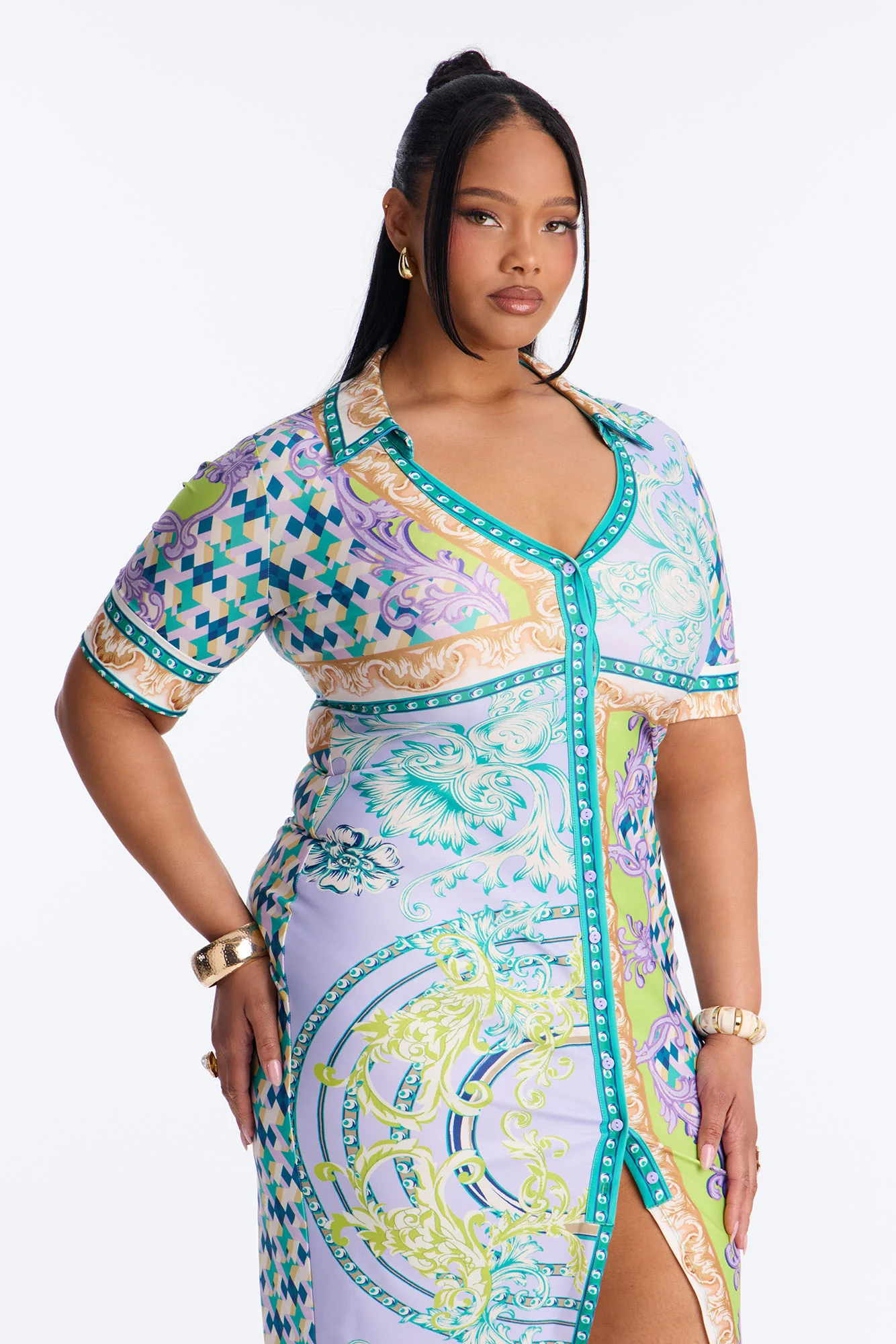 Caitlin Button Up Printed Midi Dress - Green/combo - Image 6