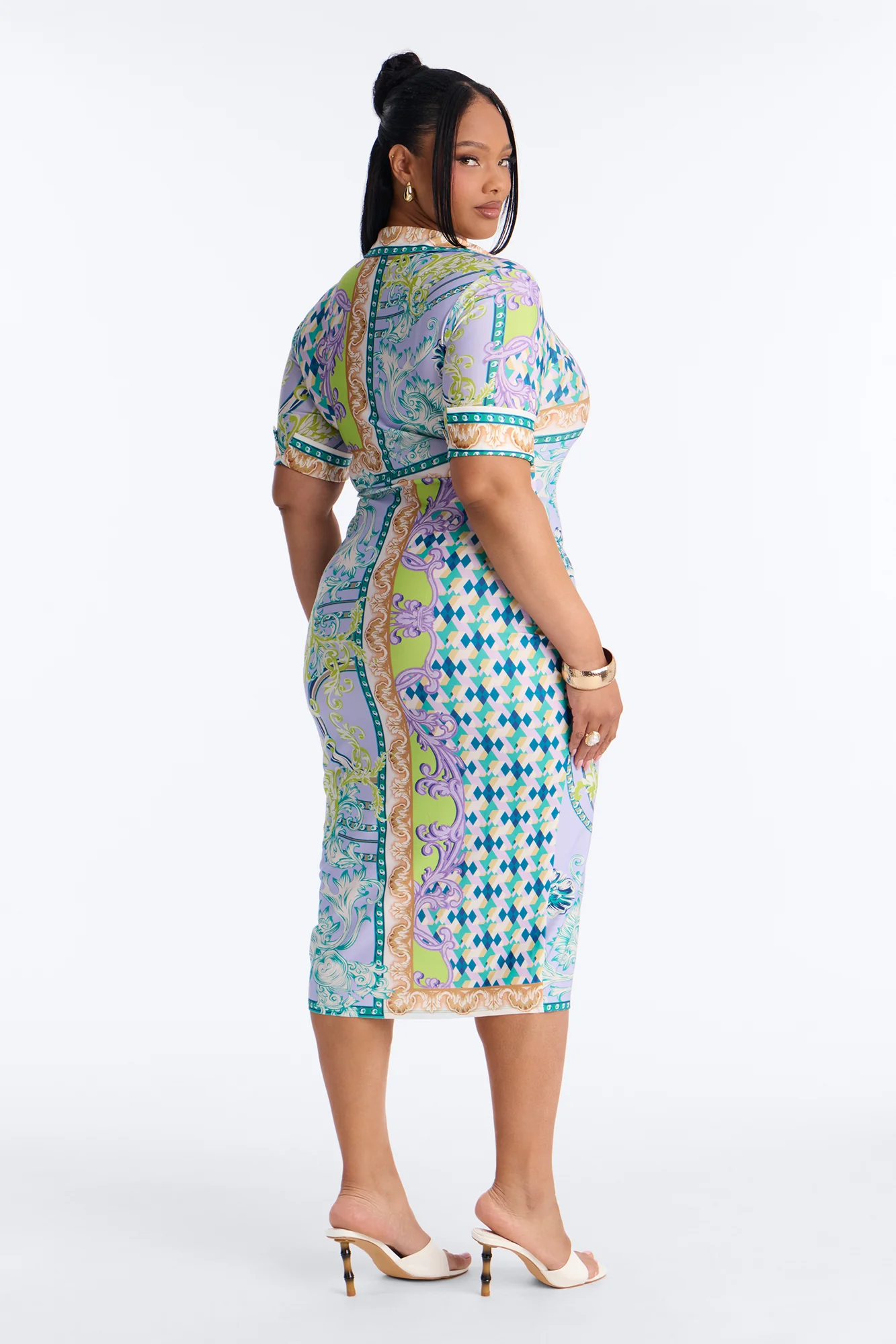 Caitlin Button Up Printed Midi Dress - Green/combo - Image 8