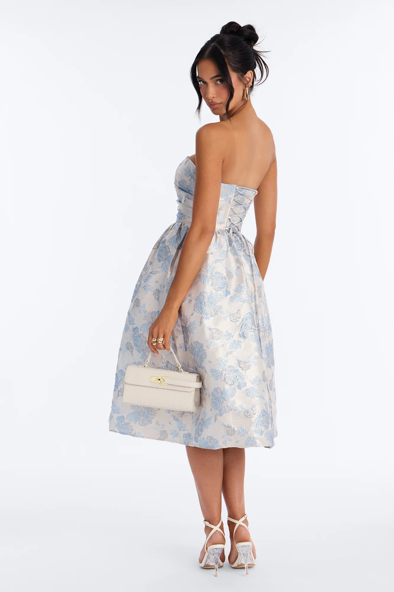 Caitlin Floral Metallic Jacquard Midi Dress - Blue - Image 3