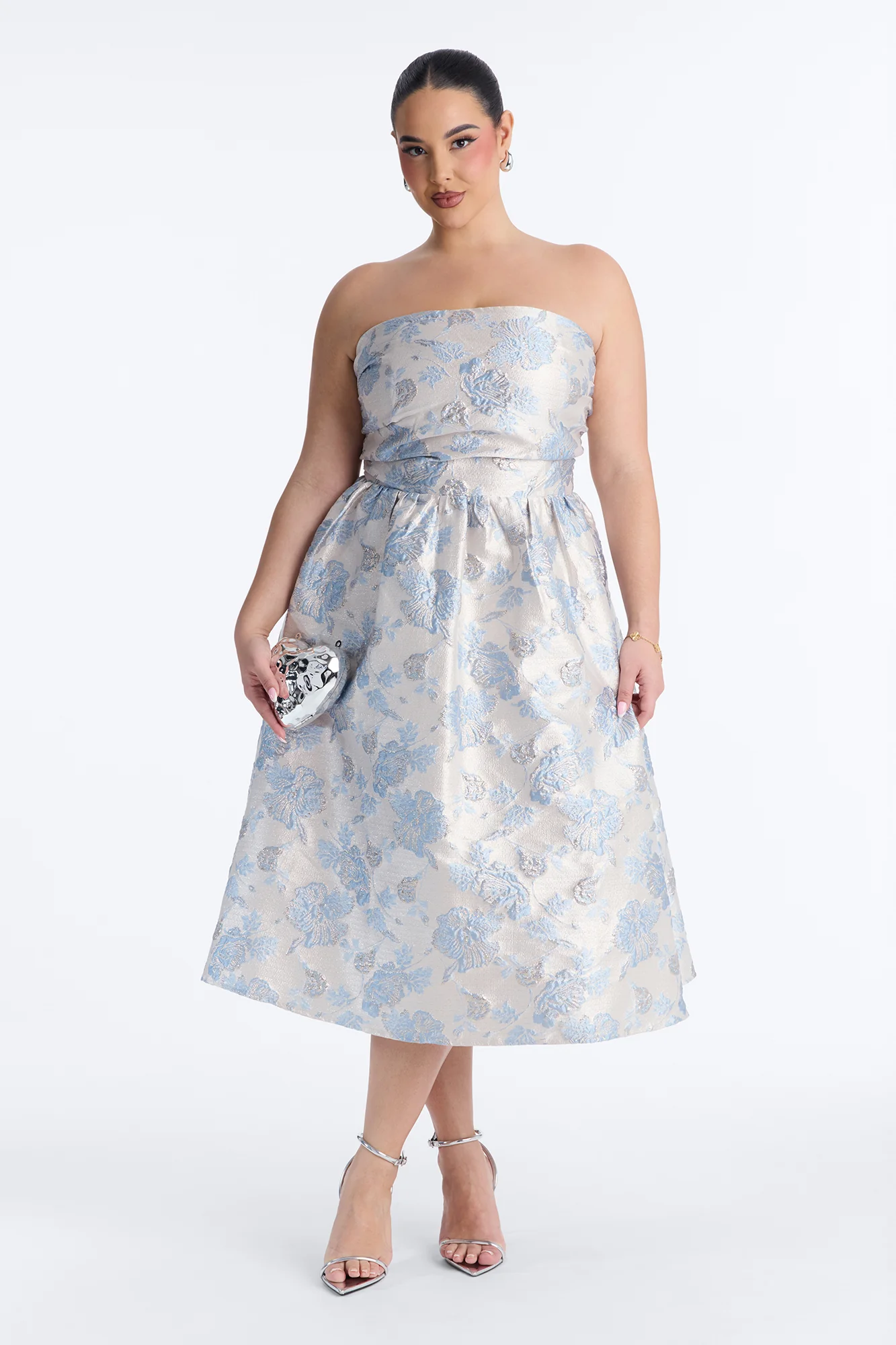 Caitlin Floral Metallic Jacquard Midi Dress - Blue - Image 5