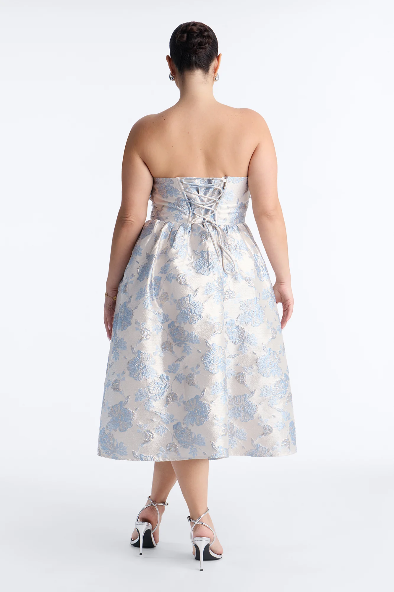 Caitlin Floral Metallic Jacquard Midi Dress - Blue - Image 7