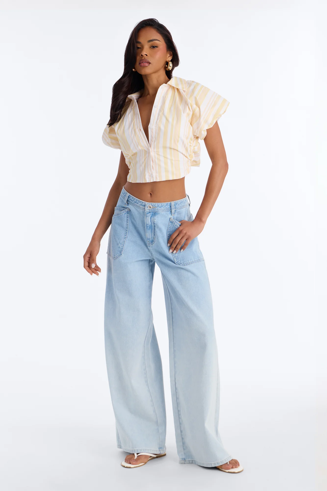 Caitlyn Striped Puff Sleeve Poplin Shirt - Yellow/combo - Image 2