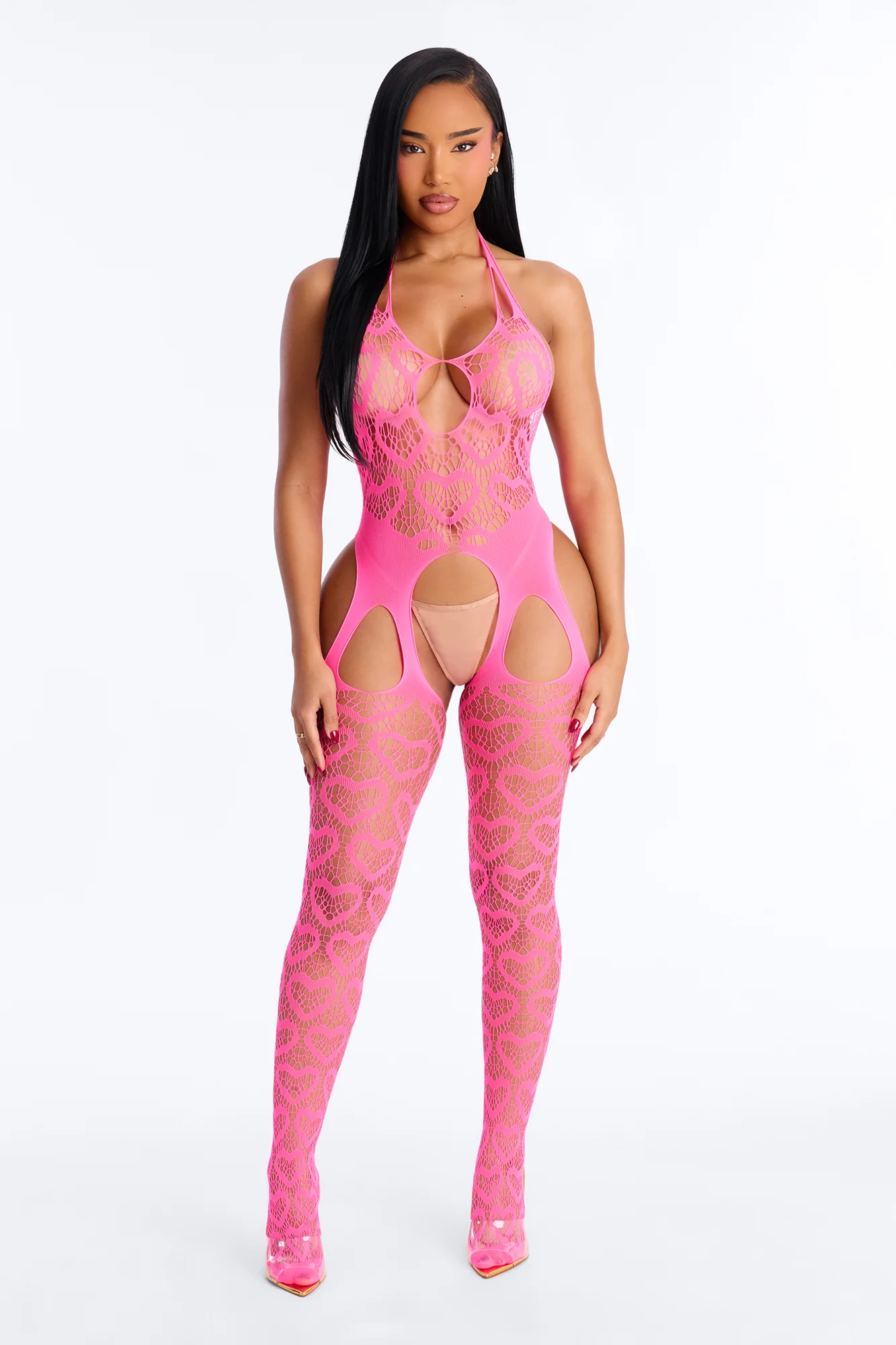 Calista Crotchless Heart Jumpsuit Bodystocking - Hot Pink