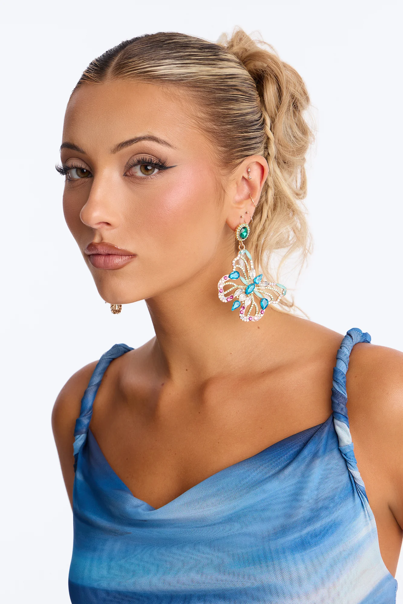 Calm Vibes Butterfly Rhinestone Drop Earrings - Blue/combo