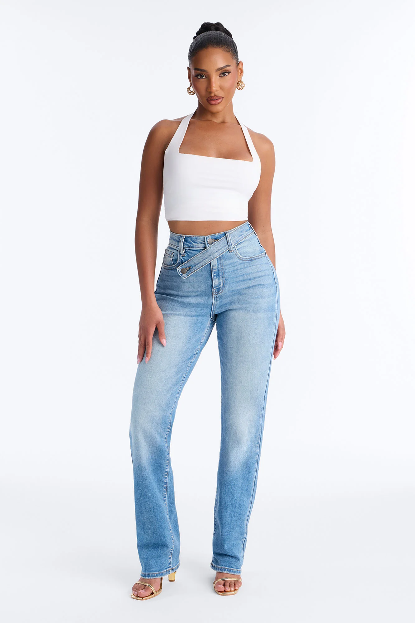 Cambria Crossover Stretch Straight Leg Jeans - Medium Wash - Image 2