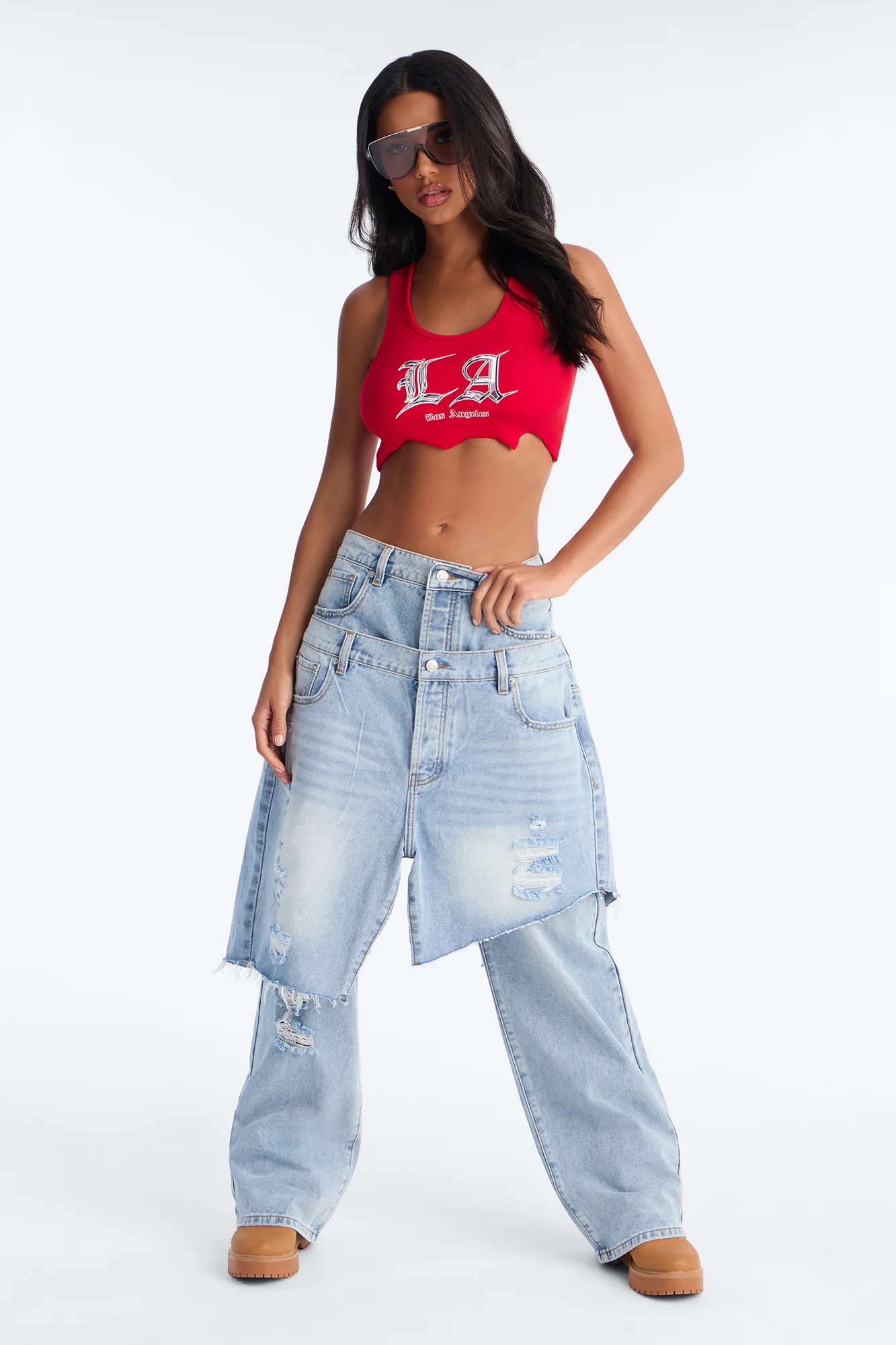 Camera Ready Skirt Overlay Straight Leg Jeans - Light Wash - Image 2