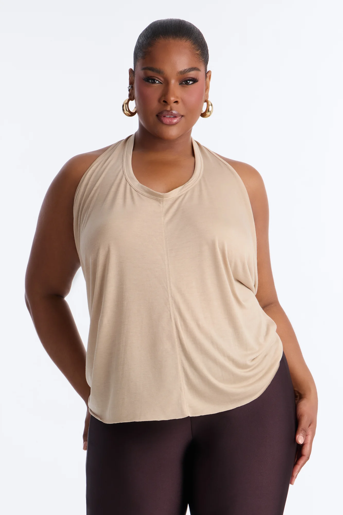 Cameron Sheer Scoop Neck Halter Top - Taupe - Image 5