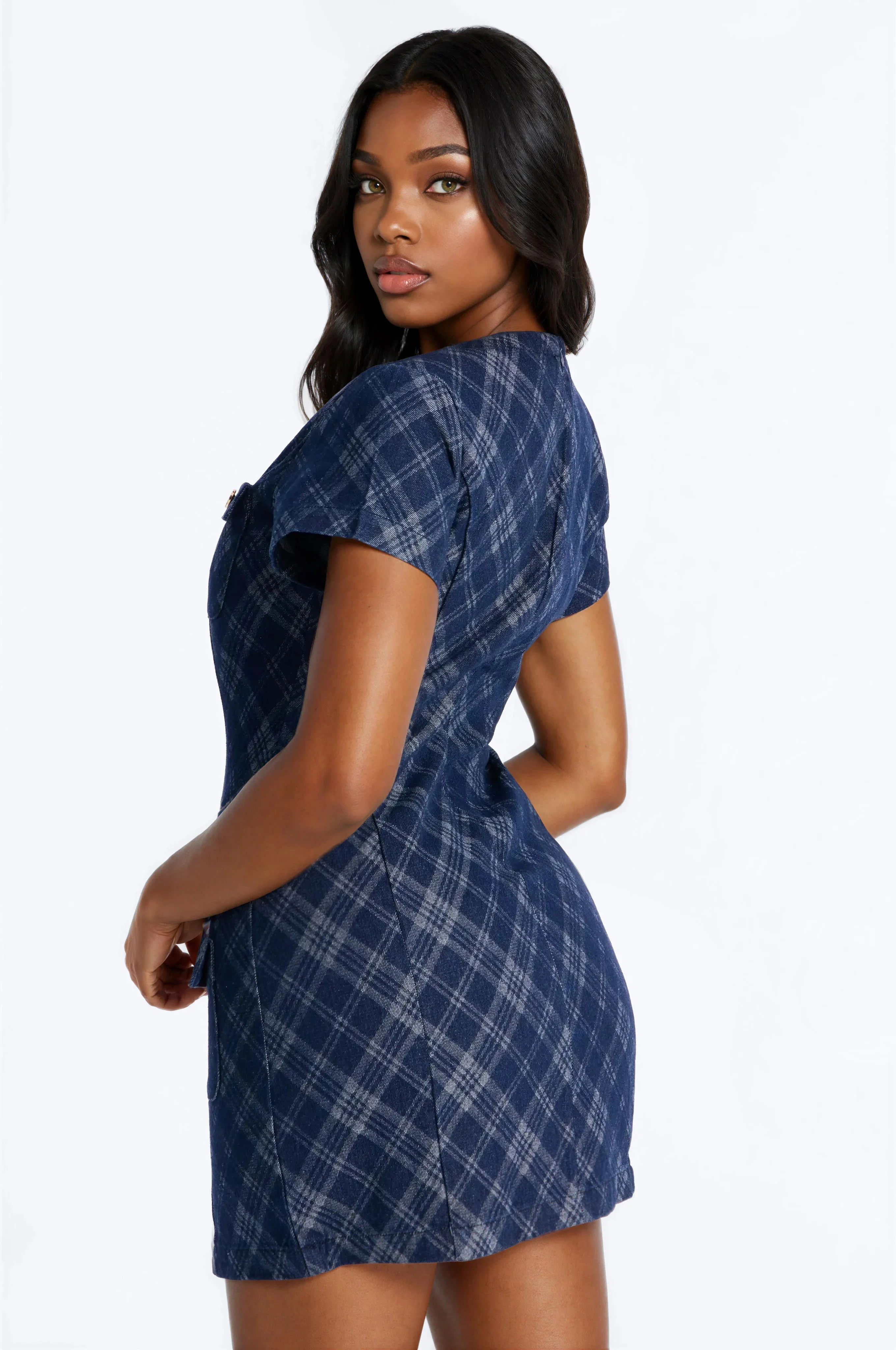 Camila Plaid Denim Mini Dress - Denim - Image 3